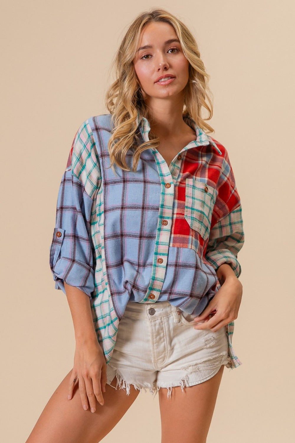 BiBi Color Block Plaid Button Down Shirt-TOPS / DRESSES-[Adult]-[Female]-2022 Online Blue Zone Planet