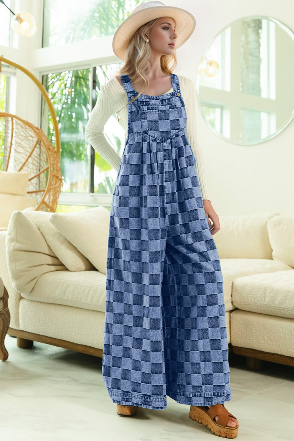 Blue Zone Planet | Double Take Checkered Sleeveless Wide Leg Denim Jumpsuit-TOPS / DRESSES-[Adult]-[Female]-Medium-S-2022 Online Blue Zone Planet