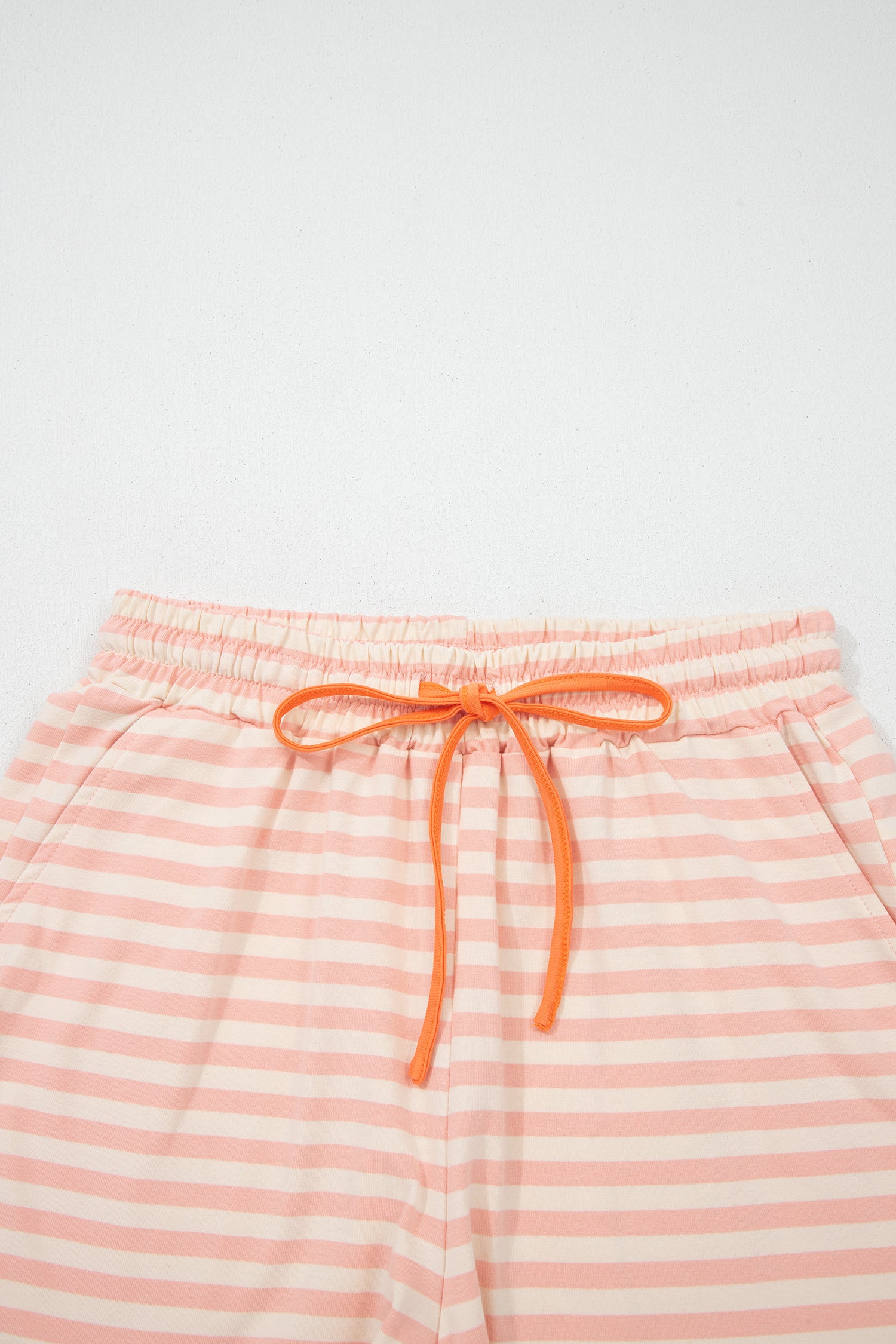 Pink Stripe Contrast Neck Loose Tee and Drawstring Shorts Set-Two Piece Sets/Short Sets-[Adult]-[Female]-2022 Online Blue Zone Planet