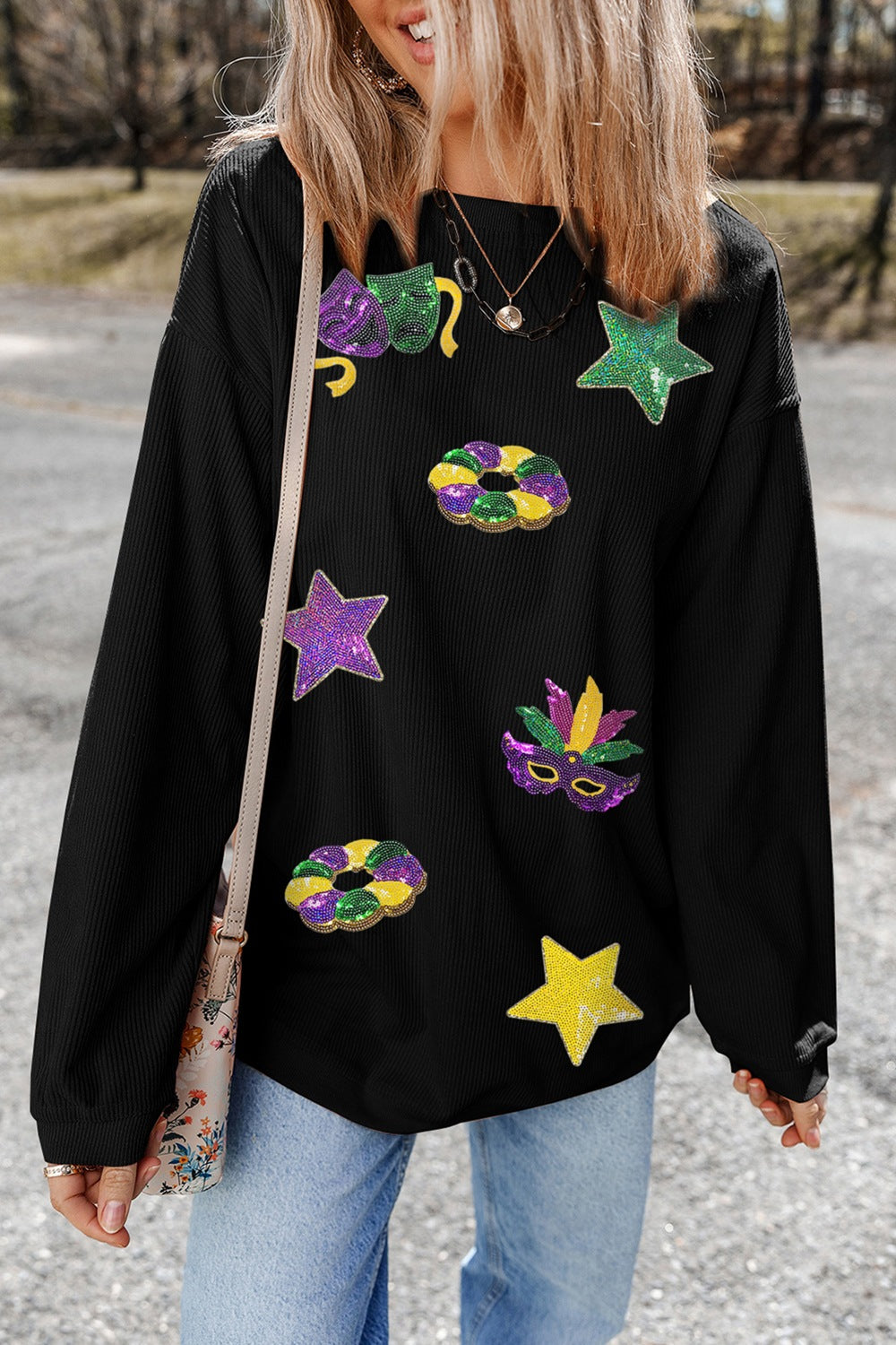 Sequin Round Neck Long Sleeve Sweatshirt-TOPS / DRESSES-[Adult]-[Female]-2022 Online Blue Zone Planet
