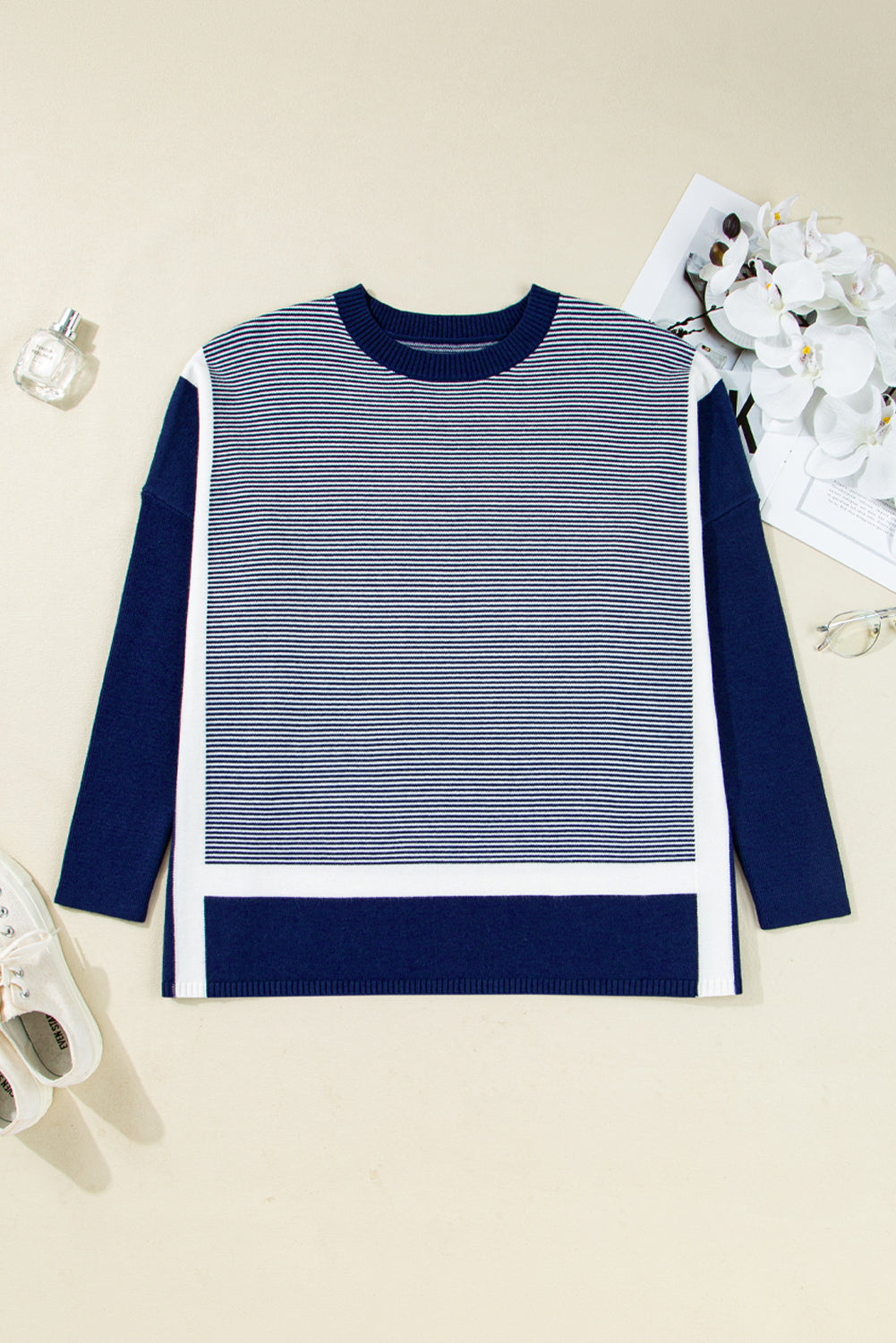 Blue Stripe Color Block Patchwork Dolman Oversize Tunic Sweater-Sweaters & Cardigans/Sweaters-[Adult]-[Female]-2022 Online Blue Zone Planet