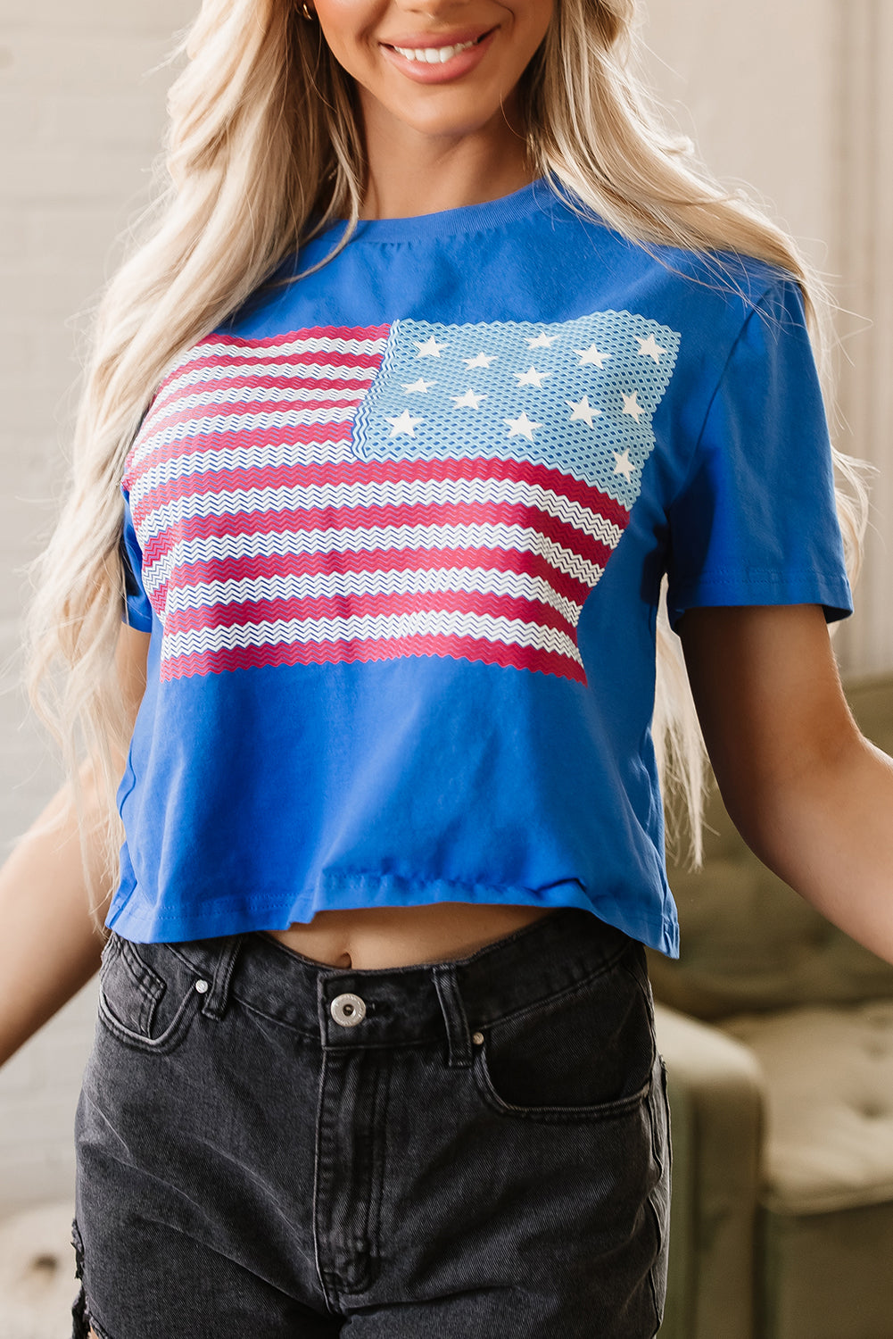 Real Teal American Flag Pattern Crewneck Tee-Graphic/Graphic Tees-[Adult]-[Female]-2022 Online Blue Zone Planet