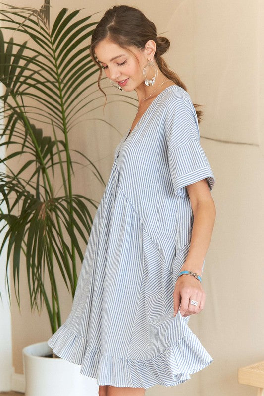 ADORA Ruffled Hem Striped V-Neck Babydoll Dress-TOPS / DRESSES-[Adult]-[Female]-2022 Online Blue Zone Planet