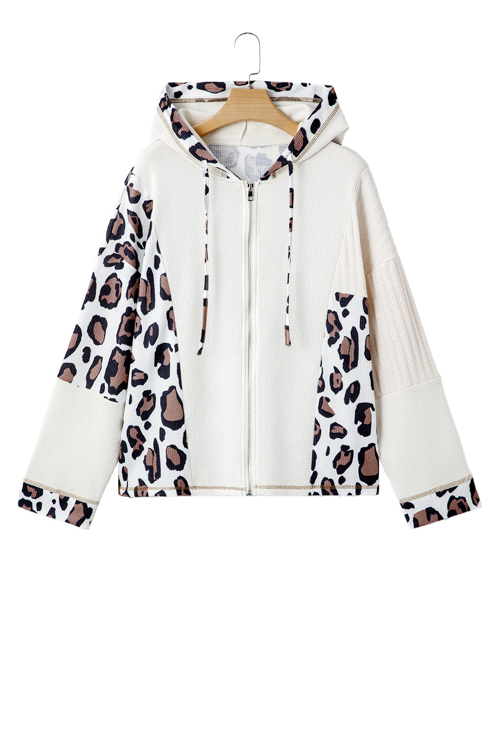 Apricot Oversized Leopard Contrast Mixed Texture Patchwork Zip Up Drop Shoulder Hoodie-Tops/Sweatshirts & Hoodies-[Adult]-[Female]-2022 Online Blue Zone Planet