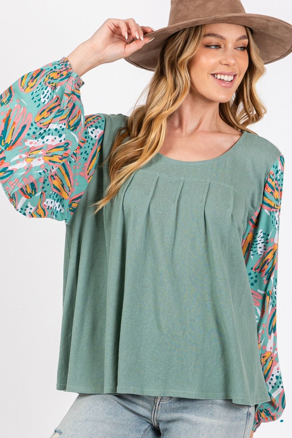 SAGE + FIG Ruched Round Neck Printed Bubble Sleeve Top-TOPS / DRESSES-[Adult]-[Female]-Sage-S-2022 Online Blue Zone Planet