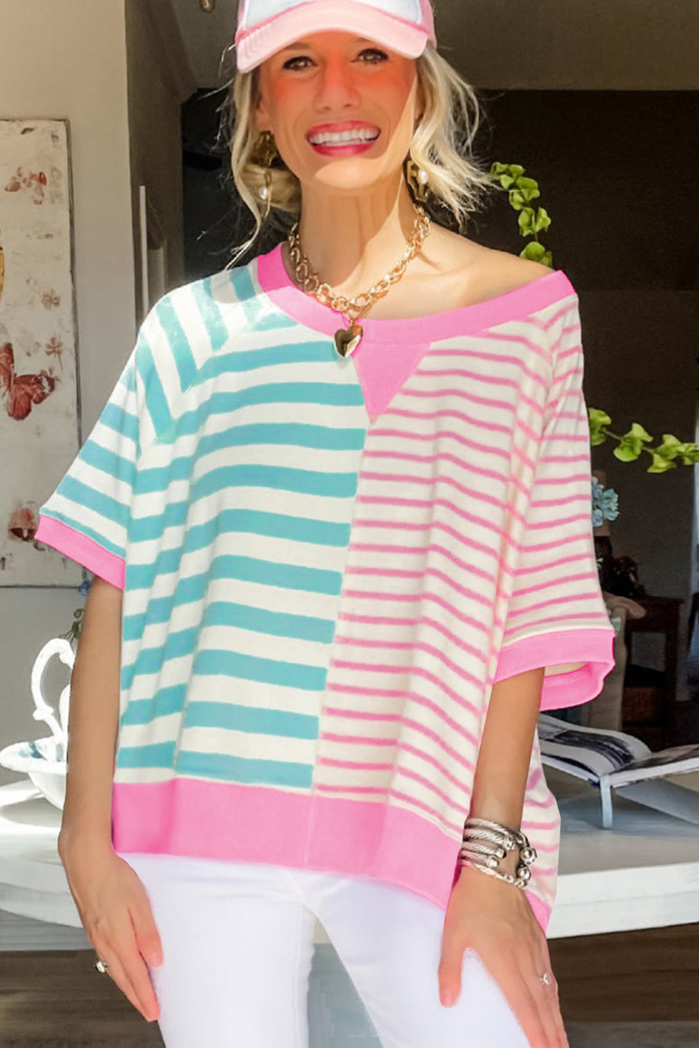 Blue Zone Planet | Pink Stripe Contrast Patchwork Oversized T Shirt-TOPS / DRESSES-[Adult]-[Female]-2022 Online Blue Zone Planet