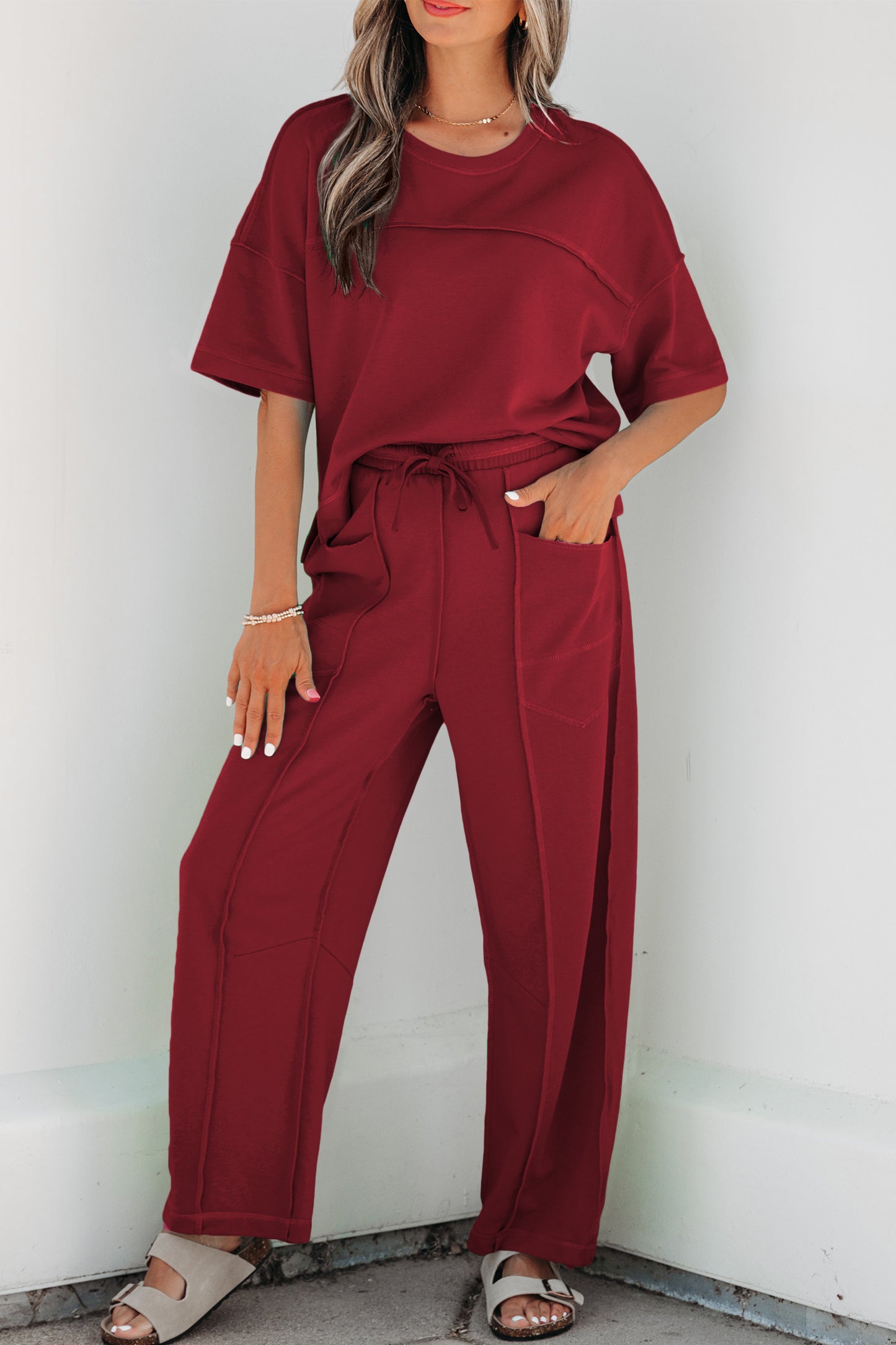 Racing Red Drop Shoulder Boxy Tee and Barrel Pants Set-Two Piece Sets/Pant Sets-[Adult]-[Female]-2022 Online Blue Zone Planet