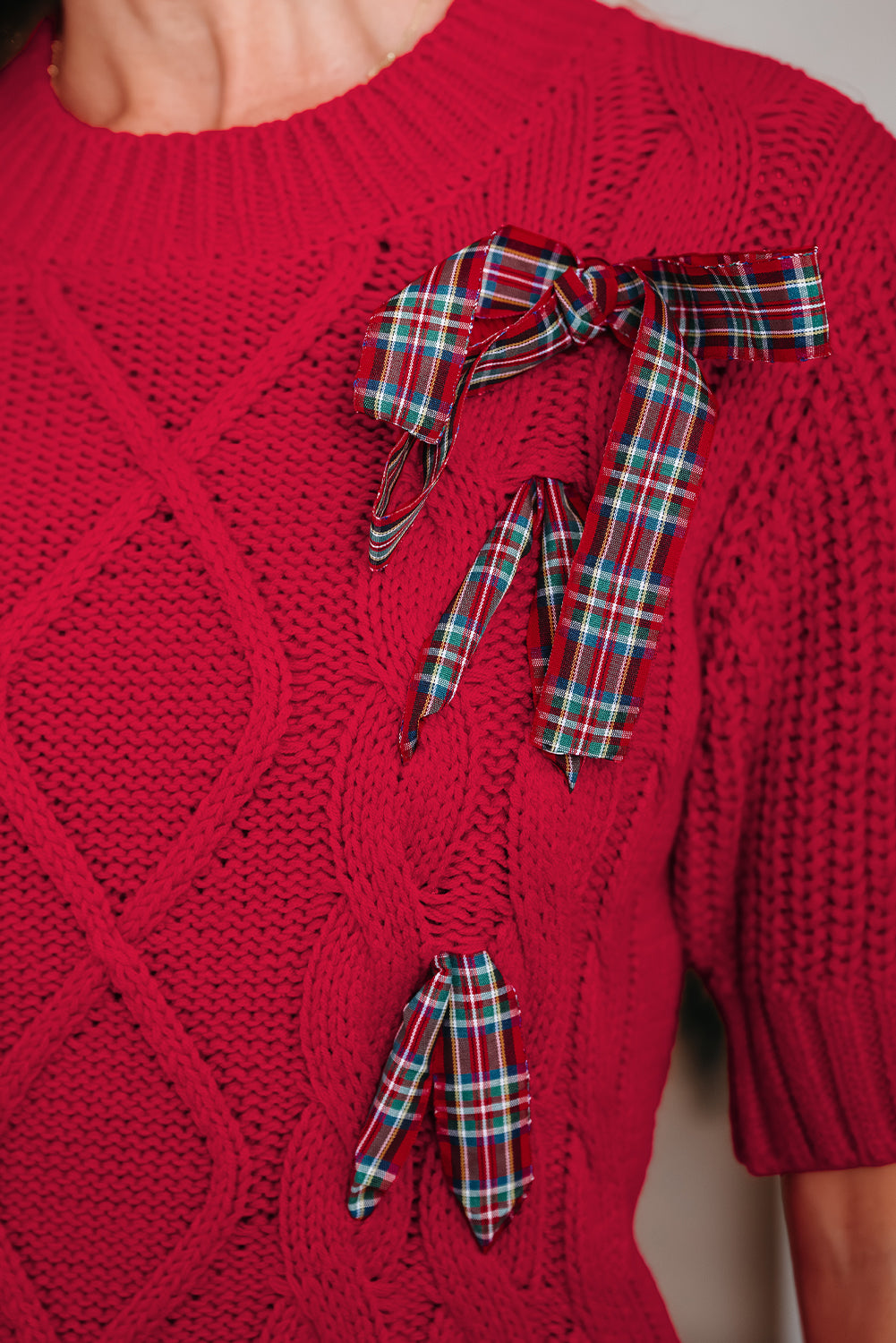 Fiery Red Plaid Lace Up Detail Christmas Holiday Puff Short Sleeve Sweater-TOPS / DRESSES-[Adult]-[Female]-2022 Online Blue Zone Planet