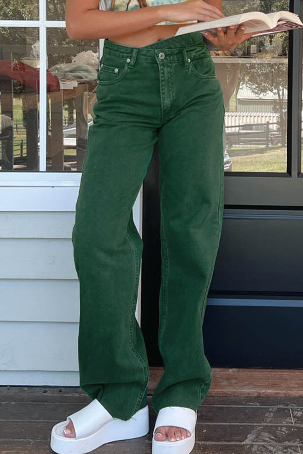 Green Crossed Waist Raw Hem Shift Jeans-Bottoms/Jeans-[Adult]-[Female]-2022 Online Blue Zone Planet