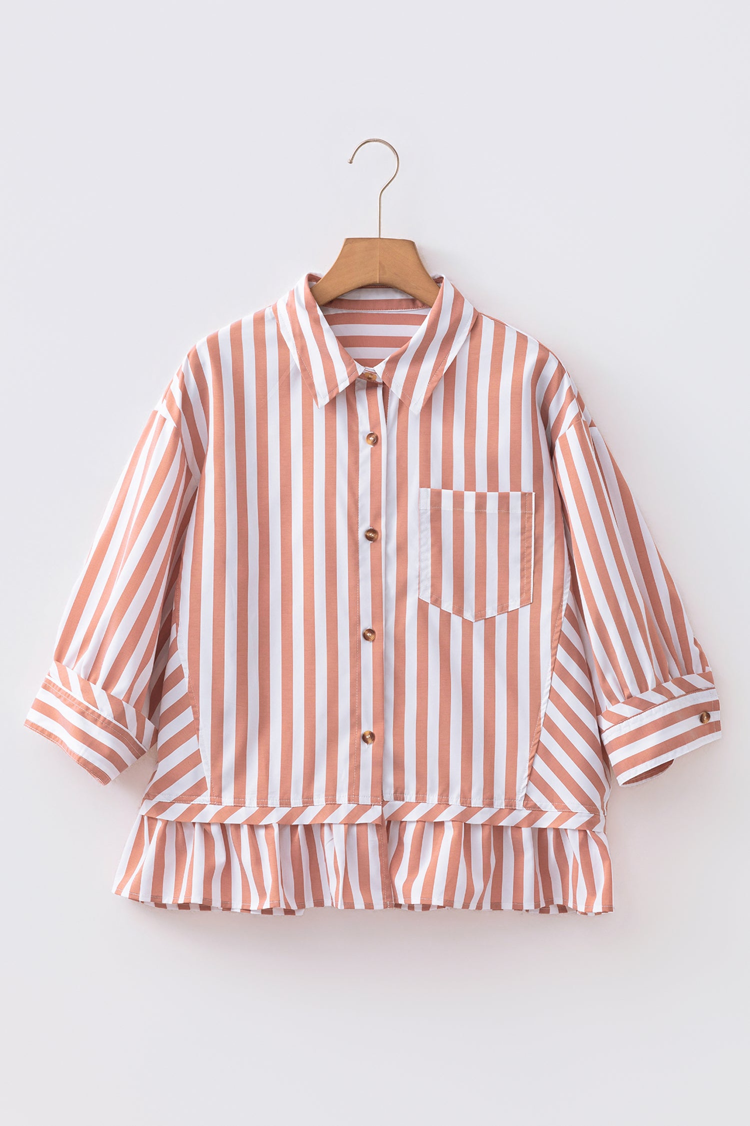 Khaki Stripe Button Front Ruffle Hem Bracelet Sleeve Shirt-Bracelet-[Adult]-[Female]-2022 Online Blue Zone Planet
