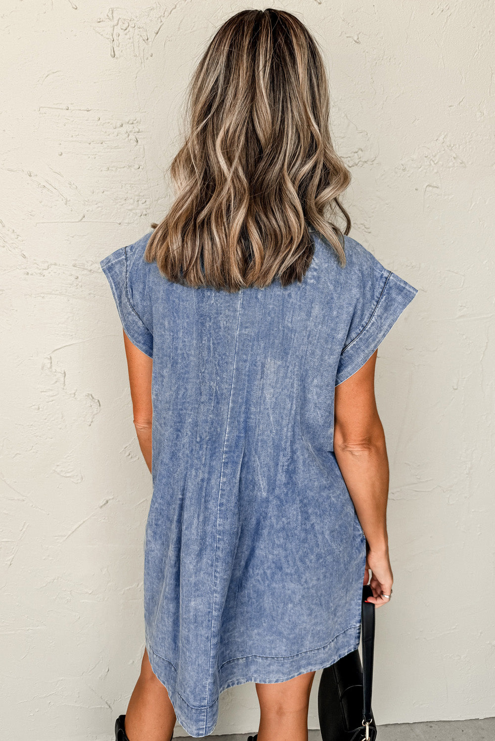 Beau Blue Tie V Neck Tucking Detail Short Sleeve Denim Shift Dress-TOPS / DRESSES-[Adult]-[Female]-2022 Online Blue Zone Planet