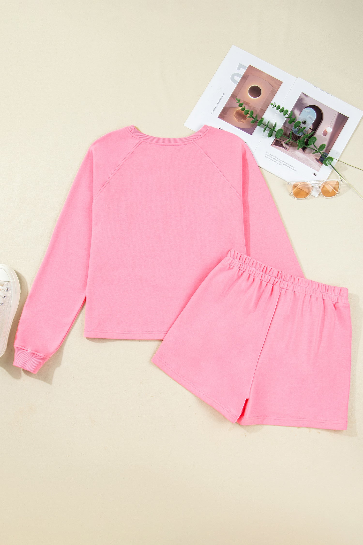 Sachet Pink Plaid Contrasted Double Christmas Tree Patched Raglan Sleeve Pullover 2pcs Short Set-Two Piece Sets/Short Sets-[Adult]-[Female]-2022 Online Blue Zone Planet