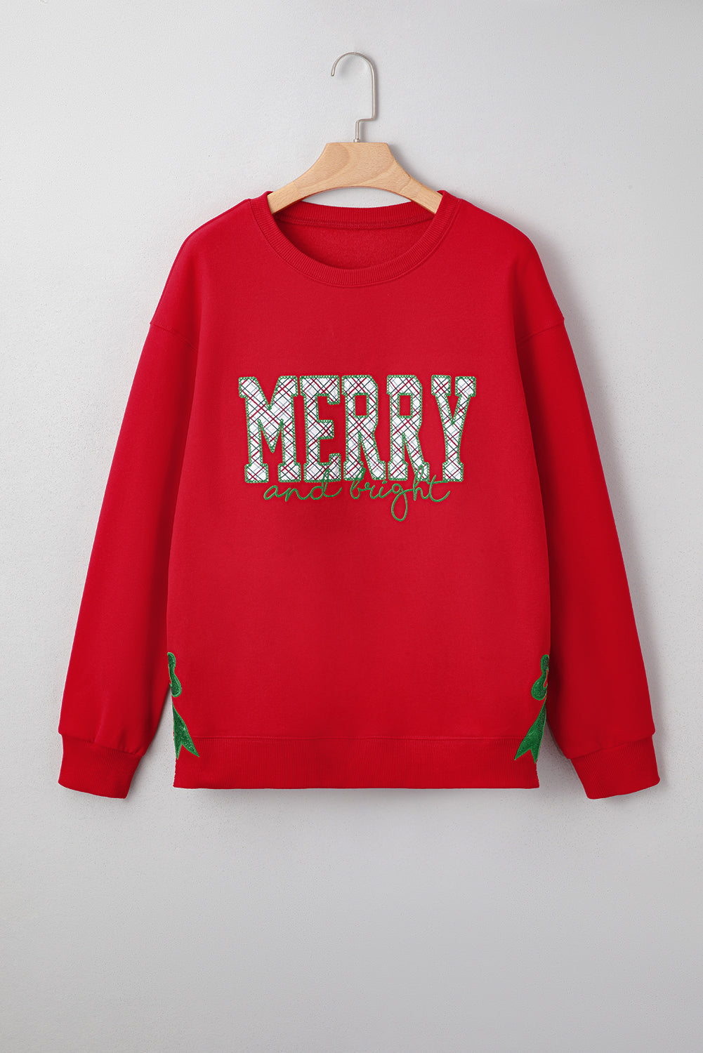 Fiery Red Merry and Bright Plaid Embroidered Letter Graphic Sequin Bow Decor Christmas Sweatshirt-Tops/Sweatshirts & Hoodies-[Adult]-[Female]-2022 Online Blue Zone Planet