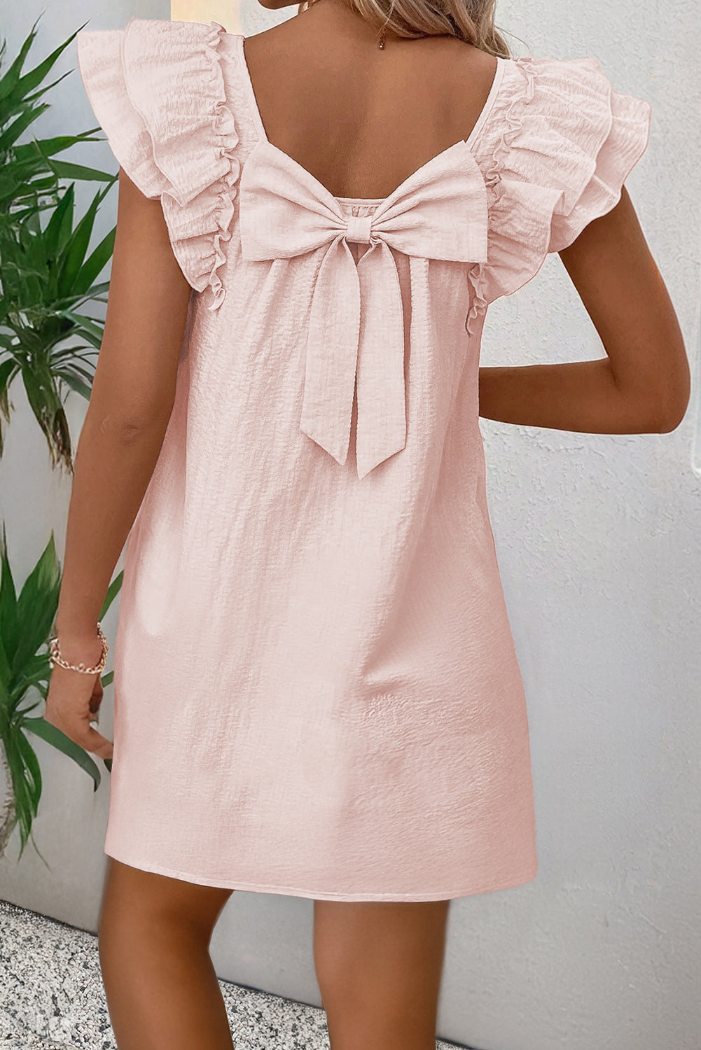 Beau Blue Textured Flutter Sleeve Square Neck Bow Back Mini Dress-Short Dresses-[Adult]-[Female]-Light Pink-L-2022 Online Blue Zone Planet