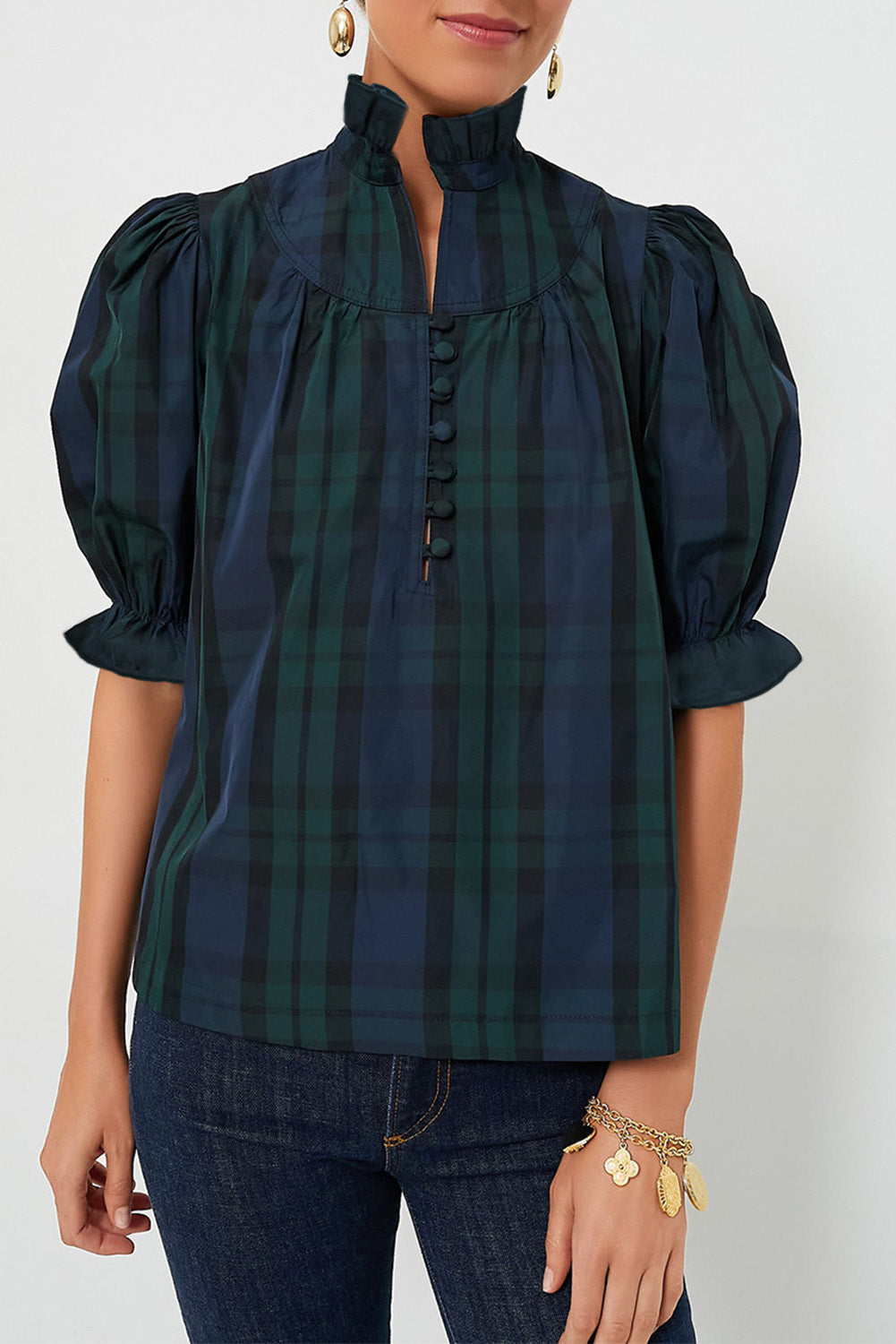 Green Stripe Plaid Puff Sleeve Frilled Trim Elegant Blouse-Tops/Blouses & Shirts-[Adult]-[Female]-Green Stripe-S-2022 Online Blue Zone Planet