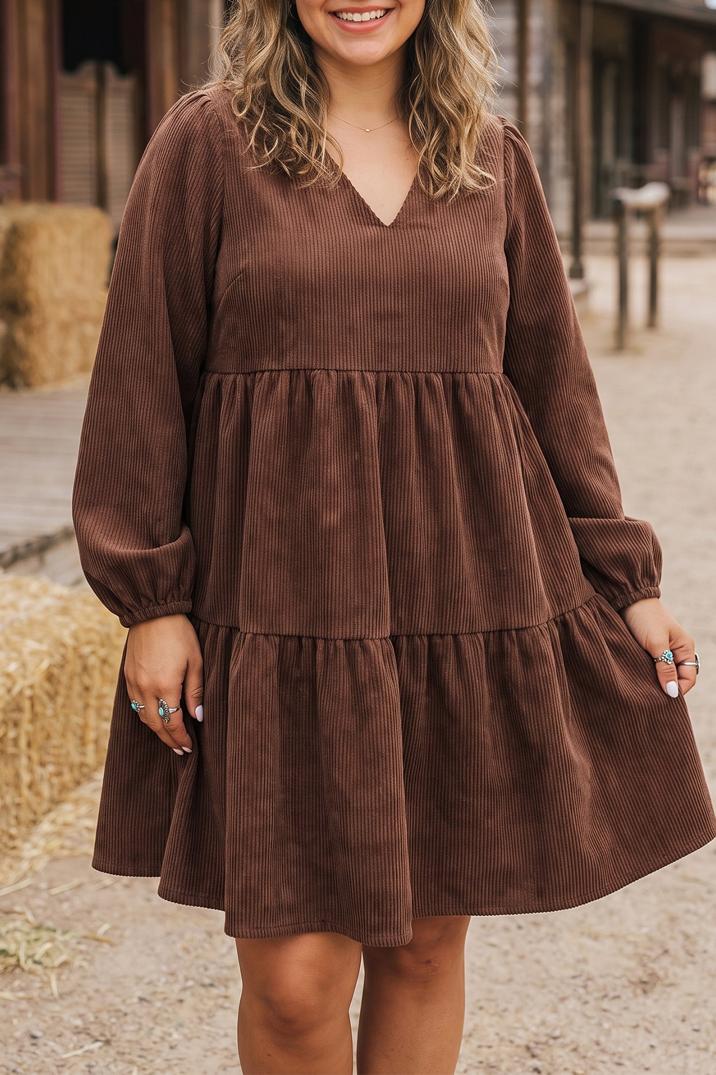Coffee Winter Corduroy V Neck Long Sleeve Plus Size Mini Dress