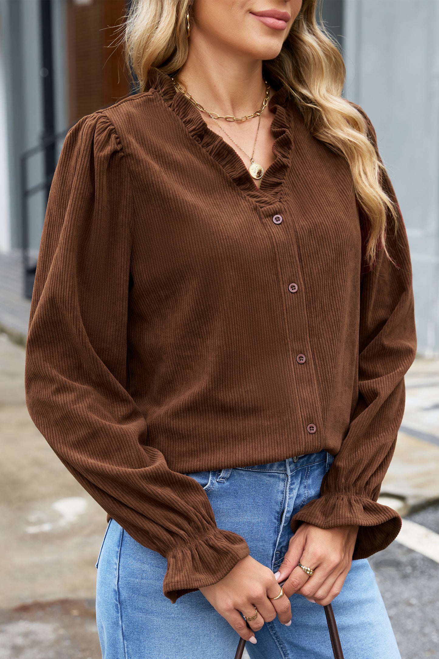 Coffee Solid Color Ruffle Trim V Neck Long Sleeve Button Corduroy Shakcet-Outerwear/Jackets-[Adult]-[Female]-2022 Online Blue Zone Planet