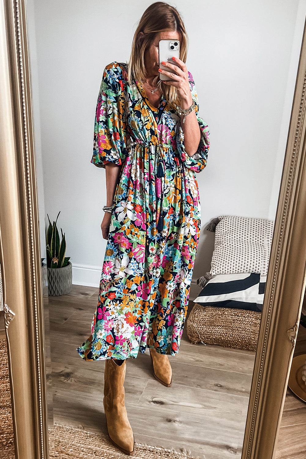 Green Boho Floral Puff Sleeve V Neck Tassel Drawstring Midi Dress-Midi Dresses-[Adult]-[Female]-2022 Online Blue Zone Planet