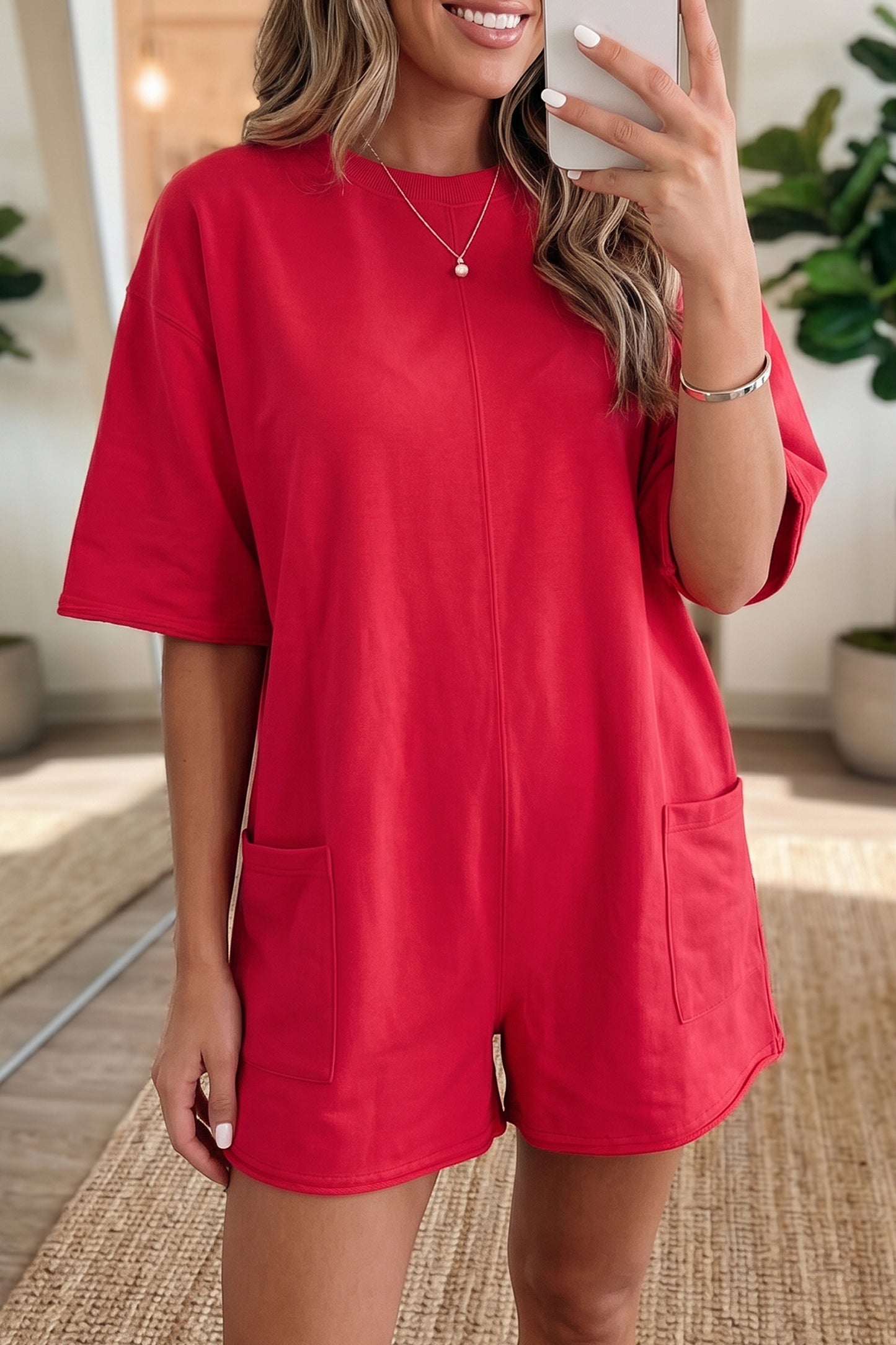 Bright Green Solid Color Raw Edge Half Sleeve Pocketed Loose Romper-Bottoms/Jumpsuits & Rompers-[Adult]-[Female]-2022 Online Blue Zone Planet