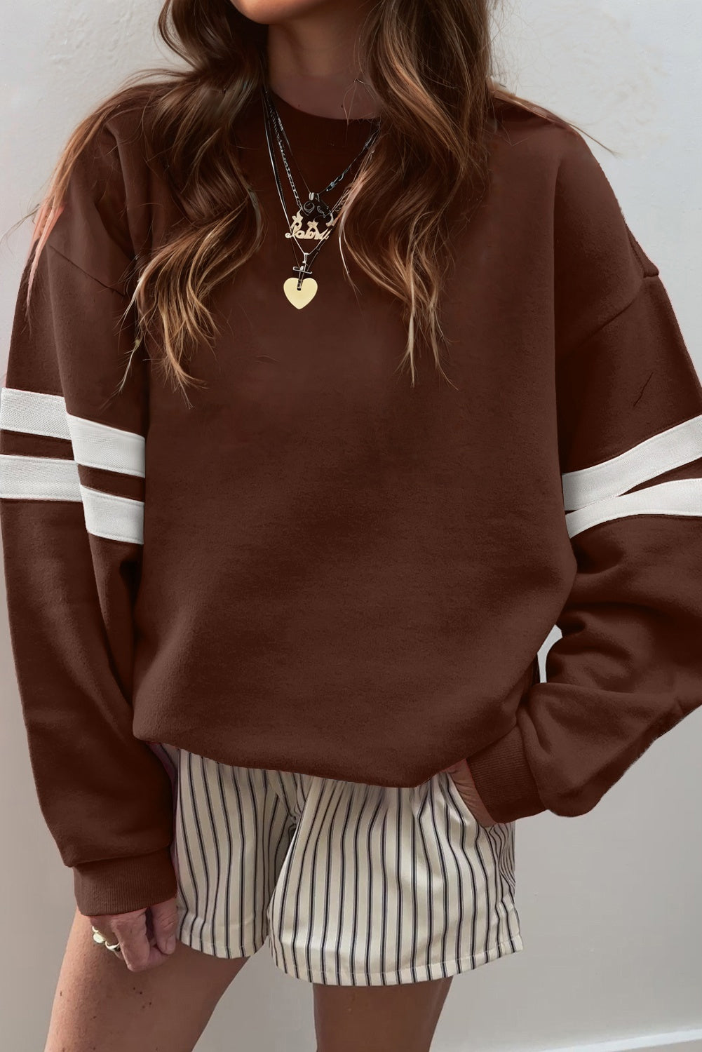 White Varsity Striped Detail Drop Shoulder Oversized Sweatshirt-Tops/Sweatshirts & Hoodies-[Adult]-[Female]-Coffee-S-2022 Online Blue Zone Planet