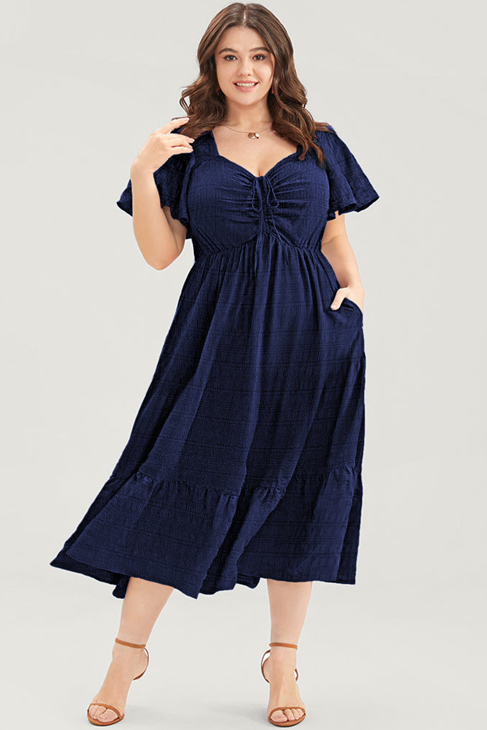 Blue Plus Size Short Sleeve Lace-up High Waist Midi Dress-Plus Size Midi Dresses-[Adult]-[Female]-2022 Online Blue Zone Planet