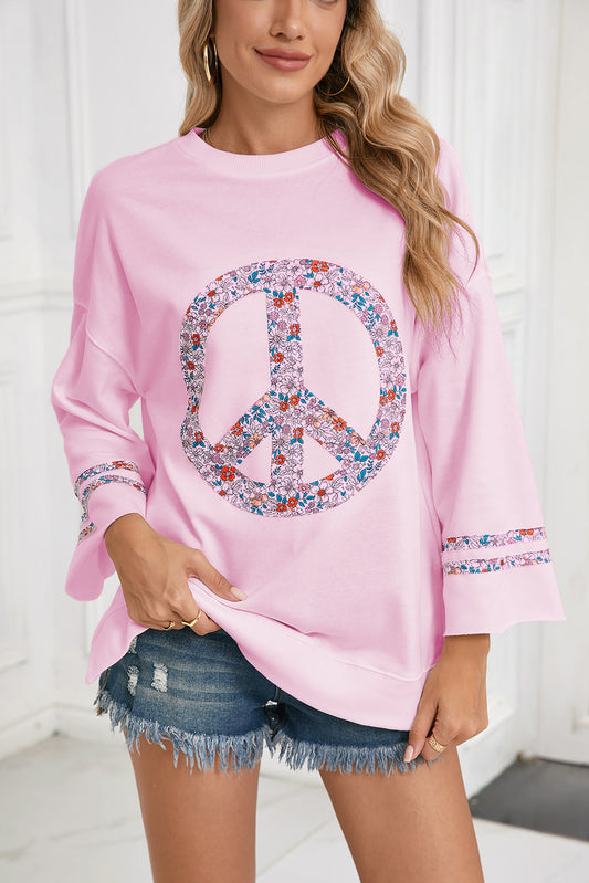 Light Pink Floral Peace Sign Drop Shoulder Top-Long Sleeve Tops-[Adult]-[Female]-Light Pink-S-2022 Online Blue Zone Planet