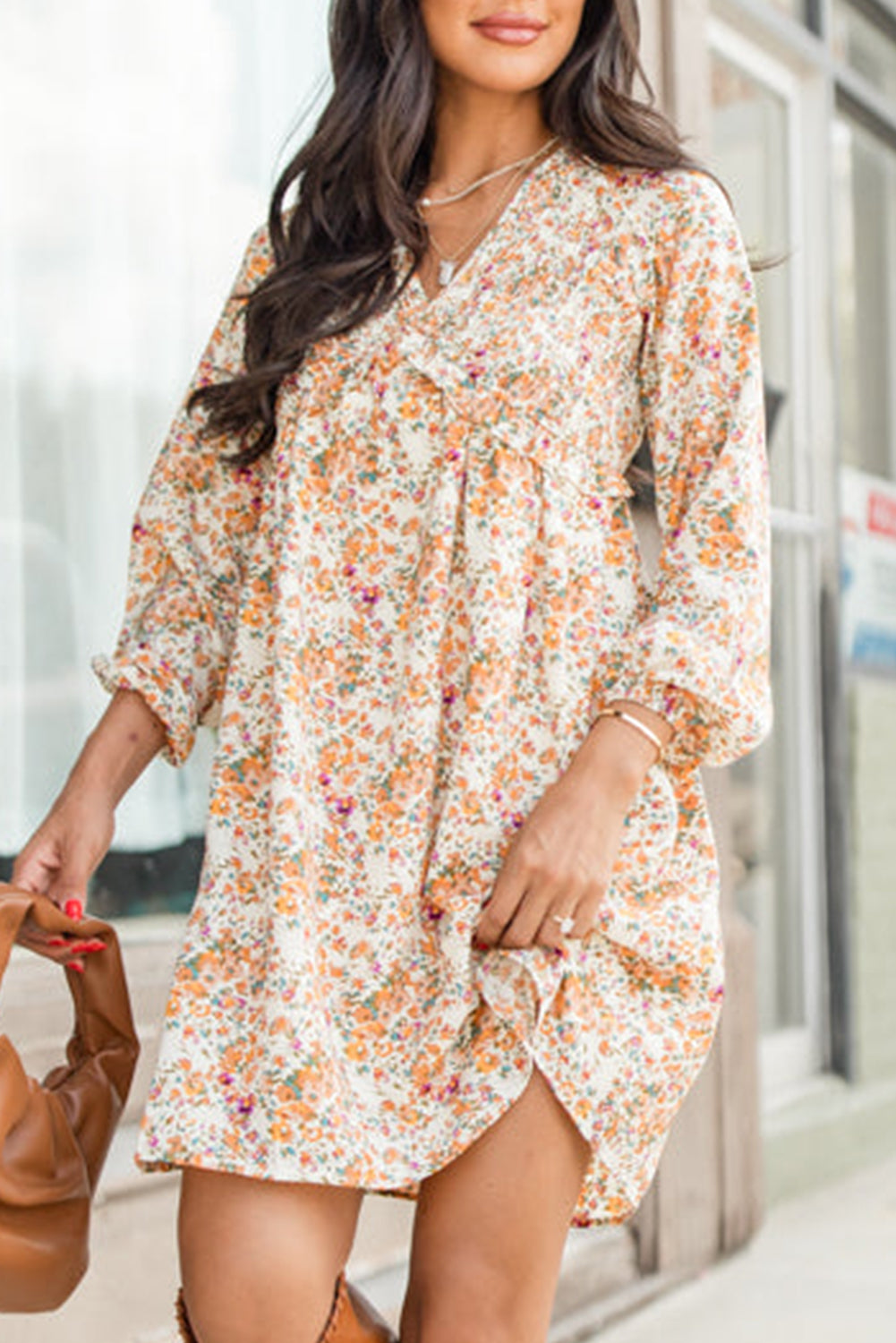 Yellow Boho Floral V Neck Ruffled Empire Waist Long Sleeve Mini Dress-Dresses/Floral Dresses-[Adult]-[Female]-Yellow-S-2022 Online Blue Zone Planet