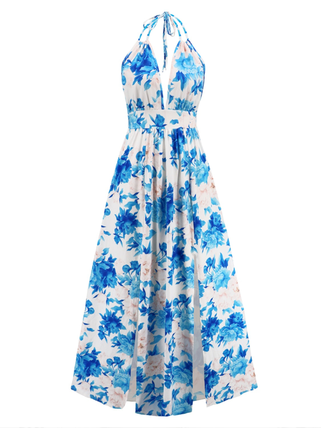 Slit Backless Printed Halter Neck Dress-TOPS / DRESSES-[Adult]-[Female]-2022 Online Blue Zone Planet