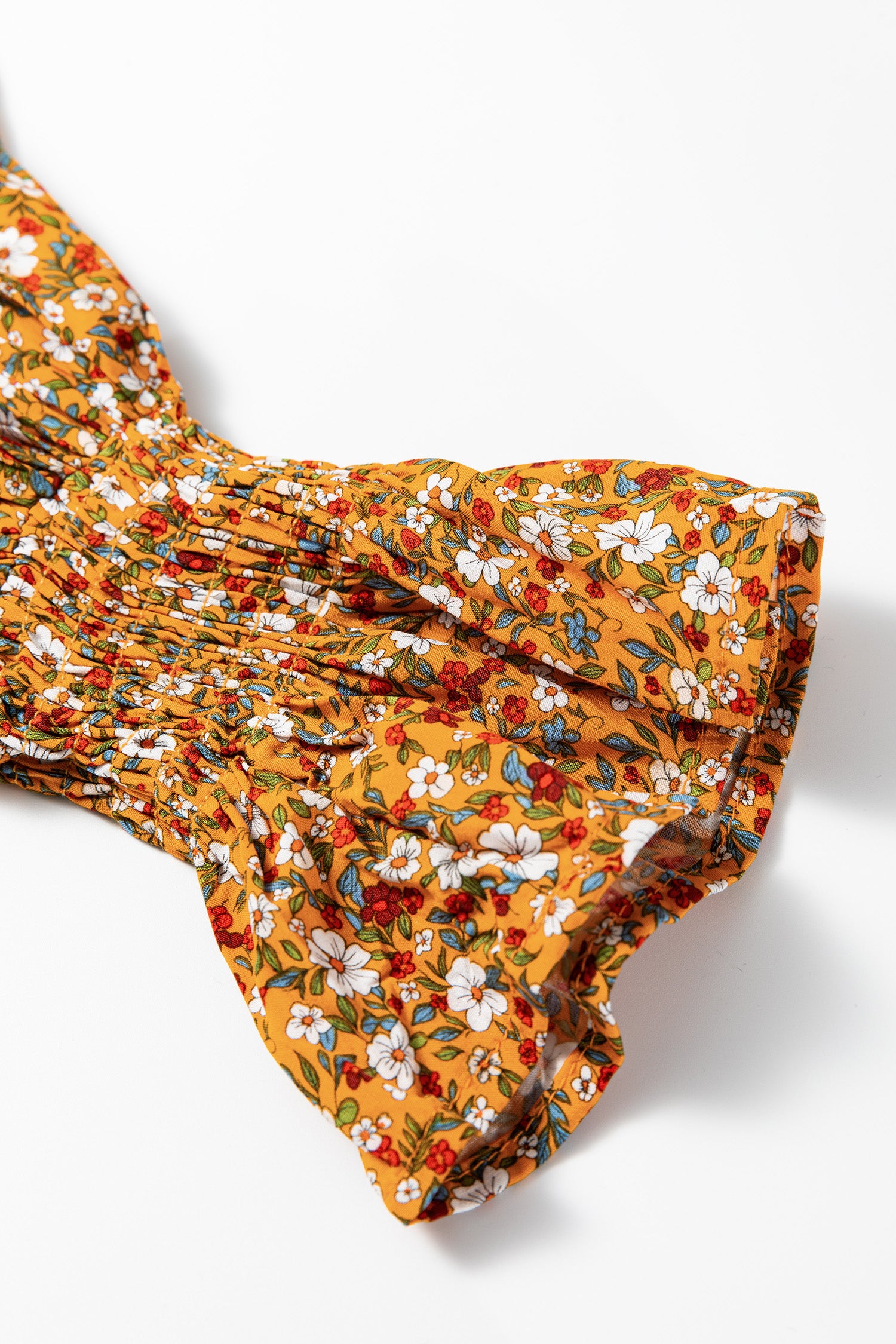 Orange Boho Floral Ruffled Bubble Sleeve V Neck Fall Blouse-Tops/Blouses & Shirts-[Adult]-[Female]-2022 Online Blue Zone Planet