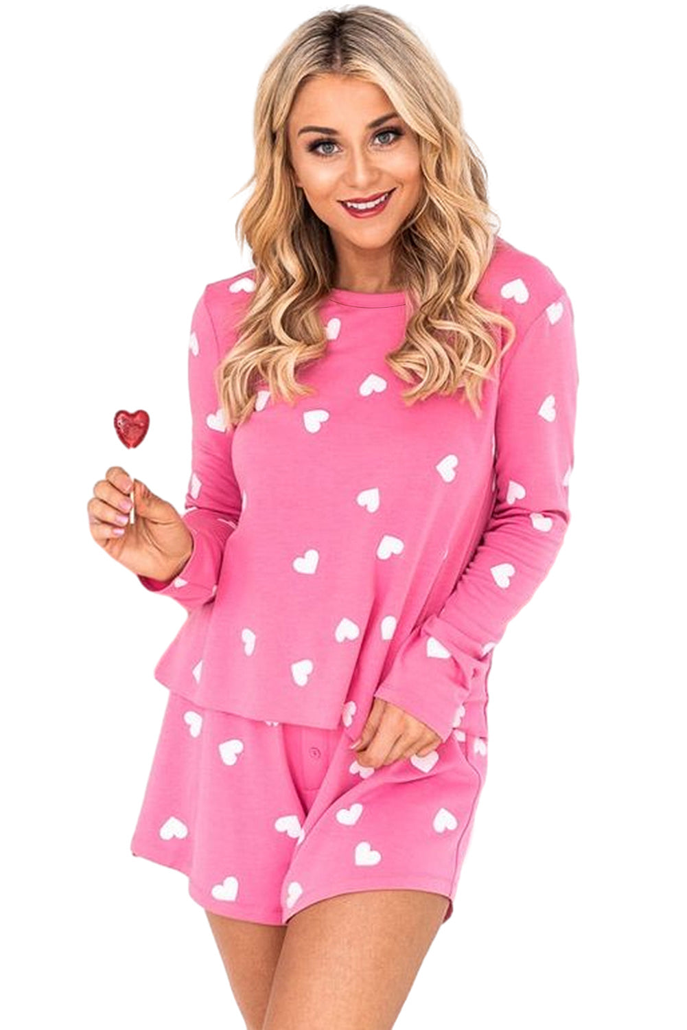 Pink Valentine Heart Print Long Sleeve Top and Shorts Pajama Set-Loungewear Set-[Adult]-[Female]-2022 Online Blue Zone Planet