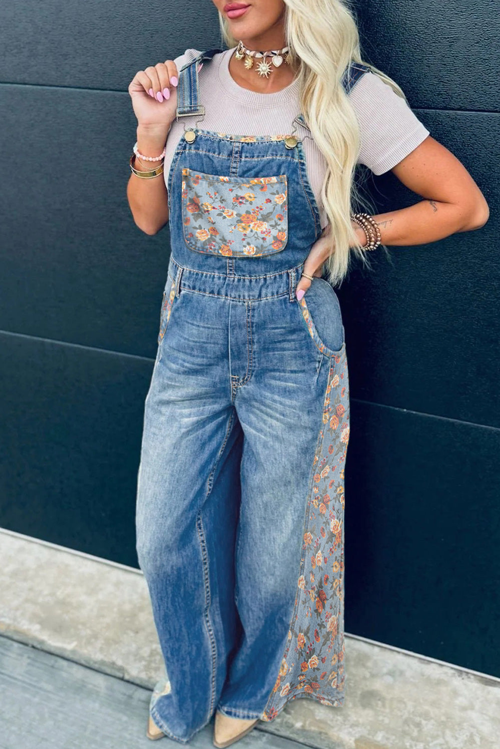 Peacock Blue Floral Patchwork Bib Denim Wide Leg Overalls-Bottoms/Jumpsuits & Rompers-[Adult]-[Female]-Peacock Blue-S-2022 Online Blue Zone Planet