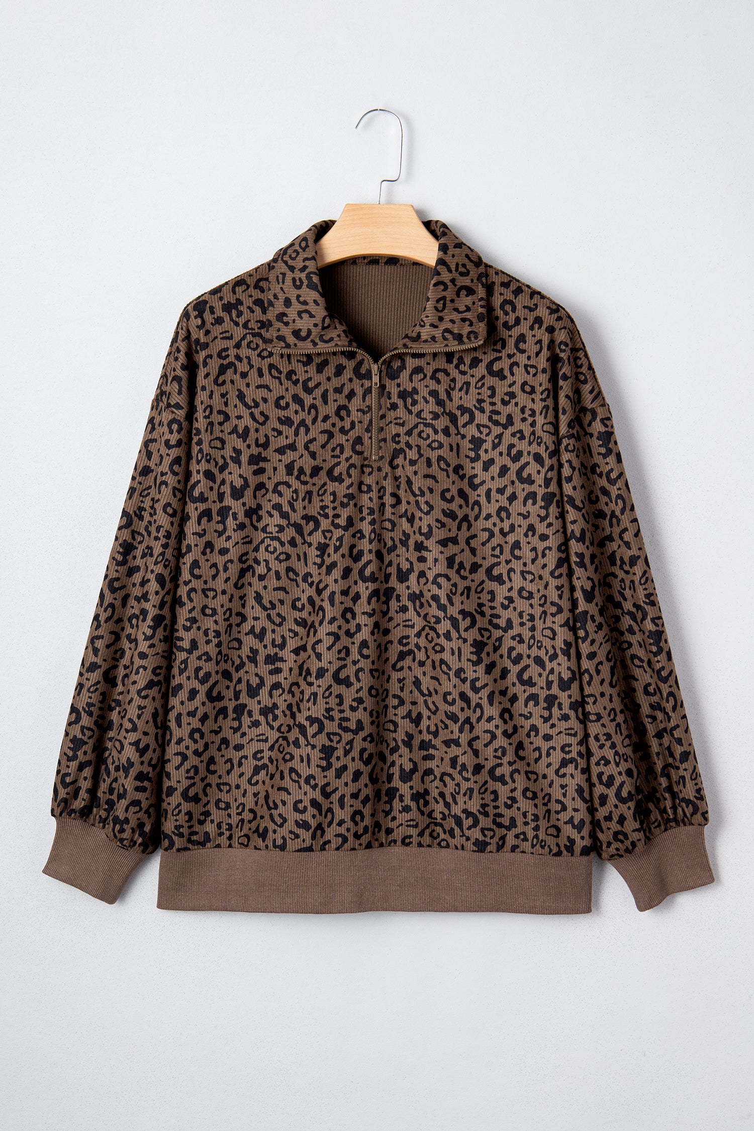Brown Leopard Print Quarter Zip Corduroy Sweatshirt-Tops/Sweatshirts & Hoodies-[Adult]-[Female]-2022 Online Blue Zone Planet