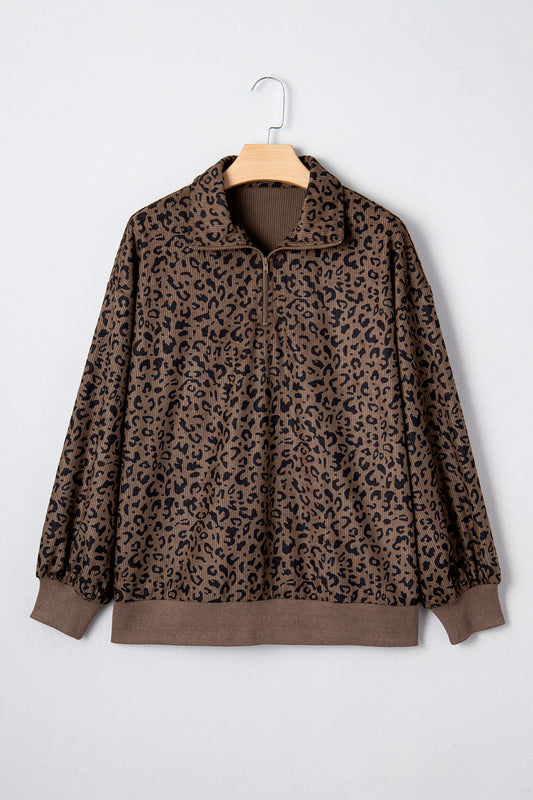 Brown Leopard Print Quarter Zip Corduroy Sweatshirt-Tops/Sweatshirts & Hoodies-[Adult]-[Female]-2022 Online Blue Zone Planet