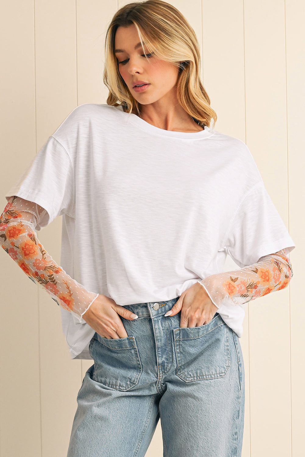 Black Floral Mesh Sleeve Fake Two-Piece Top-Long Sleeve Tops-[Adult]-[Female]-2022 Online Blue Zone Planet