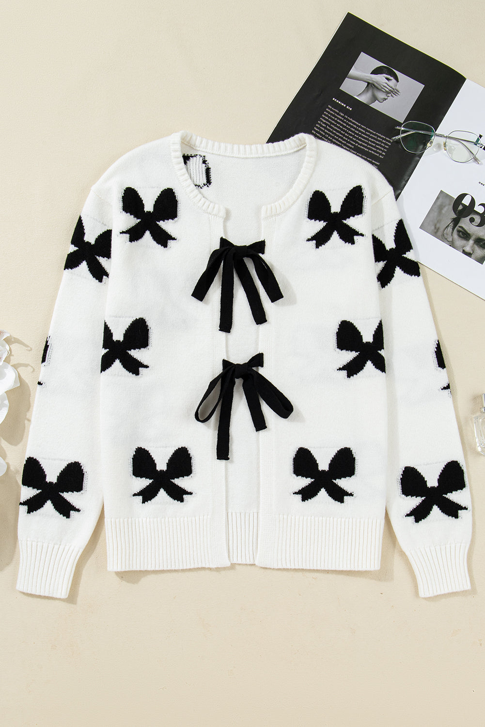 White Lace-up Bow Pattern Sweater Cardigan-Sweaters & Cardigans/Cardigans-[Adult]-[Female]-2022 Online Blue Zone Planet