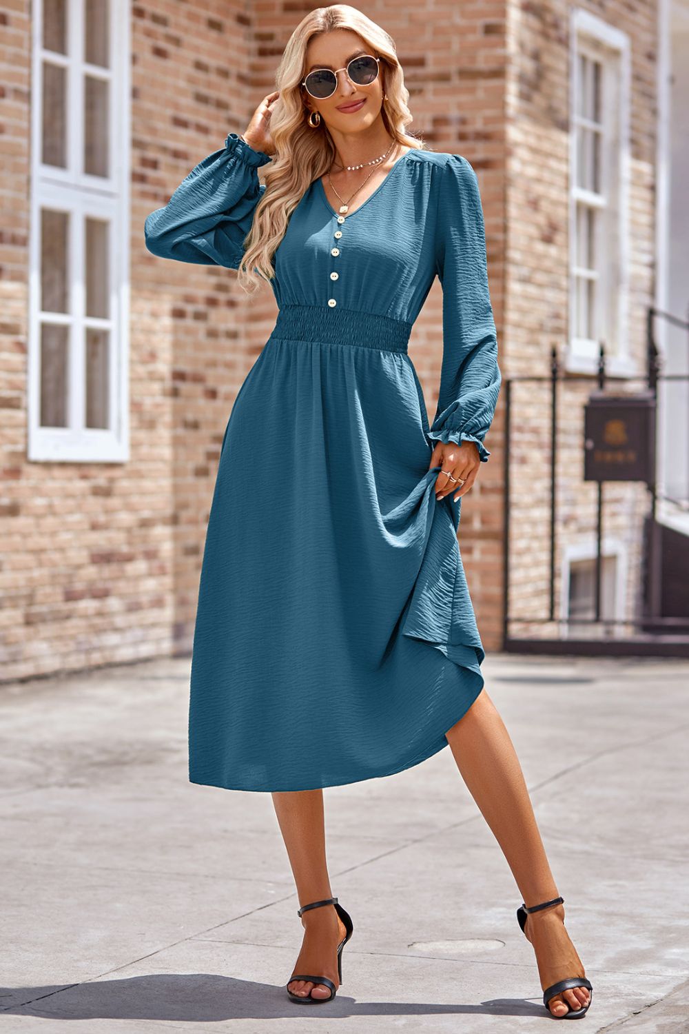 Blue Zone Planet | Smocked V-Neck Flounce Sleeve Midi Dress-TOPS / DRESSES-[Adult]-[Female]-2022 Online Blue Zone Planet