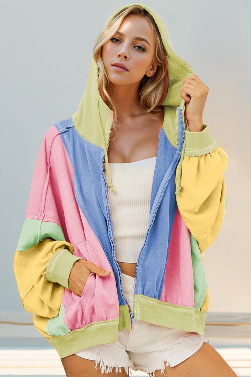 Double Take Full Size Color Block Zip Up Hoodie-TOPS / DRESSES-[Adult]-[Female]-Pastel Blue-S-2022 Online Blue Zone Planet