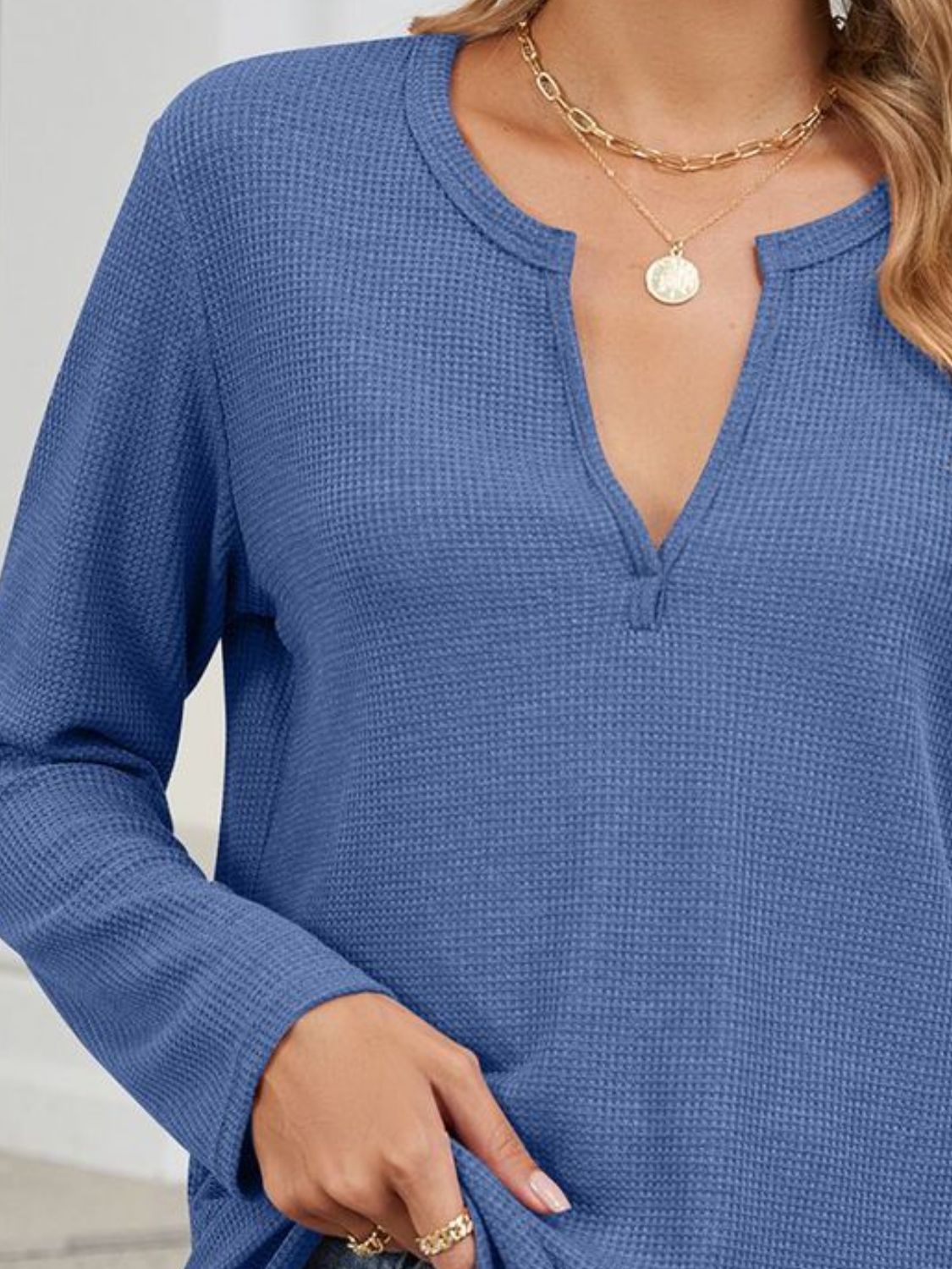 Blue Zone Planet | Waffle-Knit Notched Long Sleeve T-Shirt-TOPS / DRESSES-[Adult]-[Female]-2022 Online Blue Zone Planet