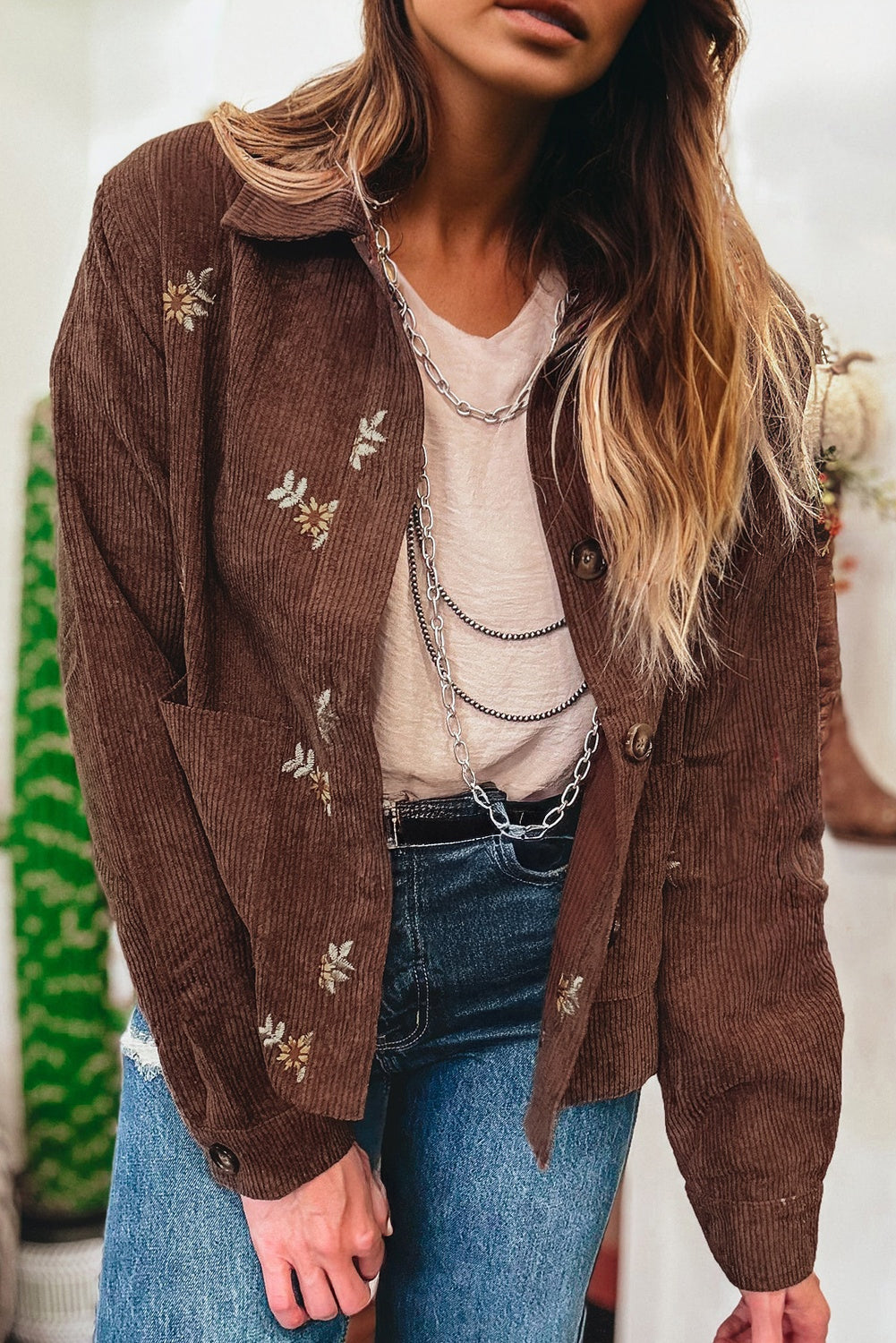 Coffee Floral Embroidered Collar Button Front Corduroy Jacket With Pocket-Outerwear/Jackets-[Adult]-[Female]-2022 Online Blue Zone Planet