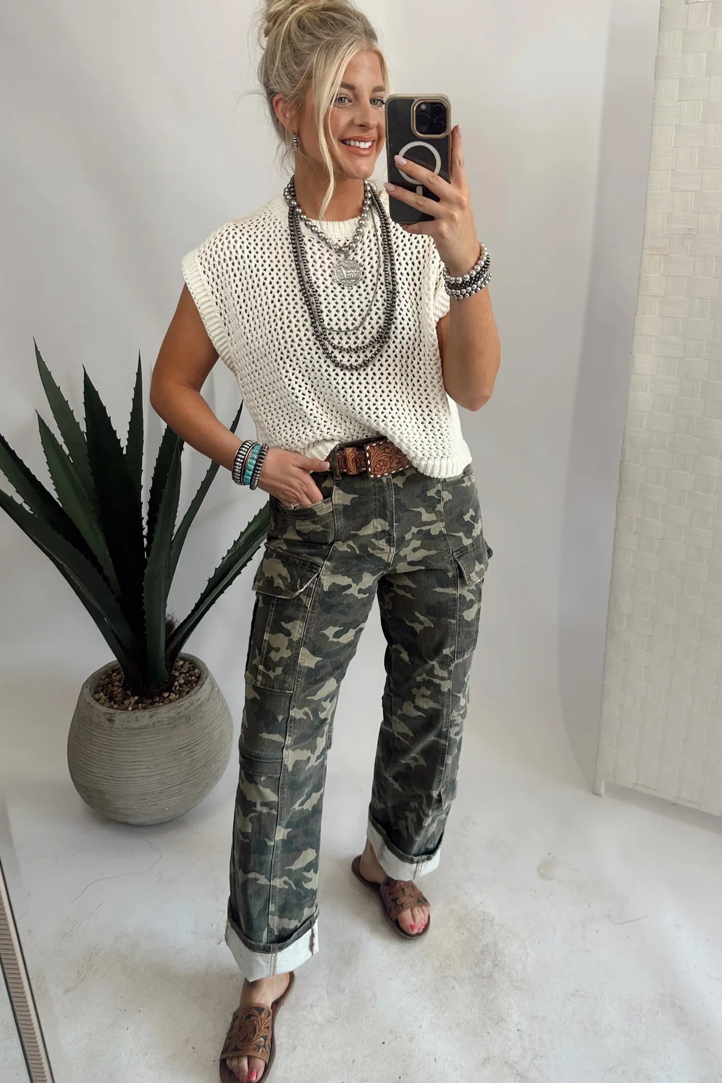 Green Camouflage Print Multi Pocketed Womens Denim Pants-Bottoms/Pants & Culotte-[Adult]-[Female]-2022 Online Blue Zone Planet