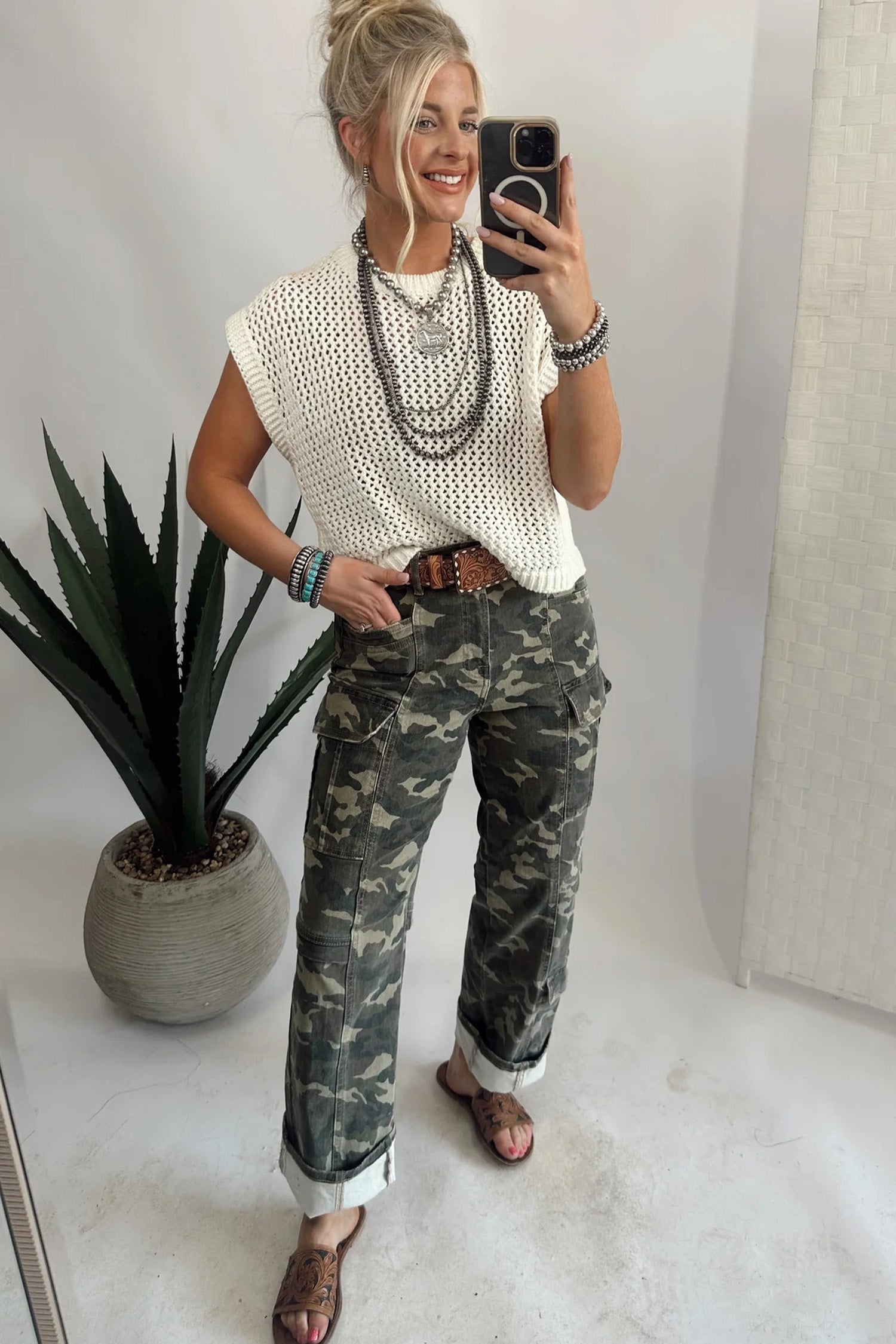 Green Camouflage Print Multi Pocketed Womens Denim Pants-Bottoms/Pants & Culotte-[Adult]-[Female]-2022 Online Blue Zone Planet