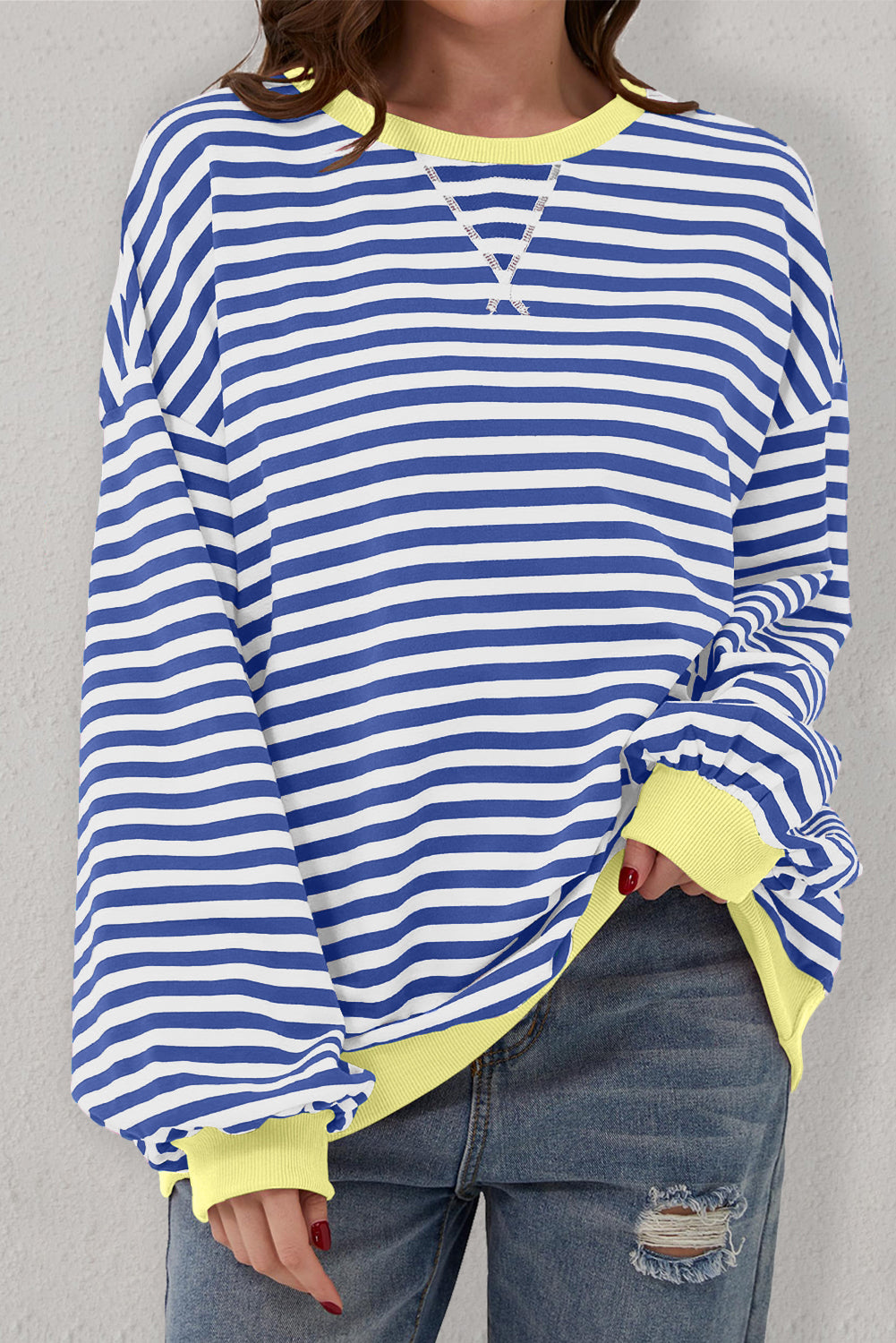 Sky Blue Stripe Oversized Contrast Trim Pullover Sweatshirt-Tops/Sweatshirts & Hoodies-[Adult]-[Female]-2022 Online Blue Zone Planet