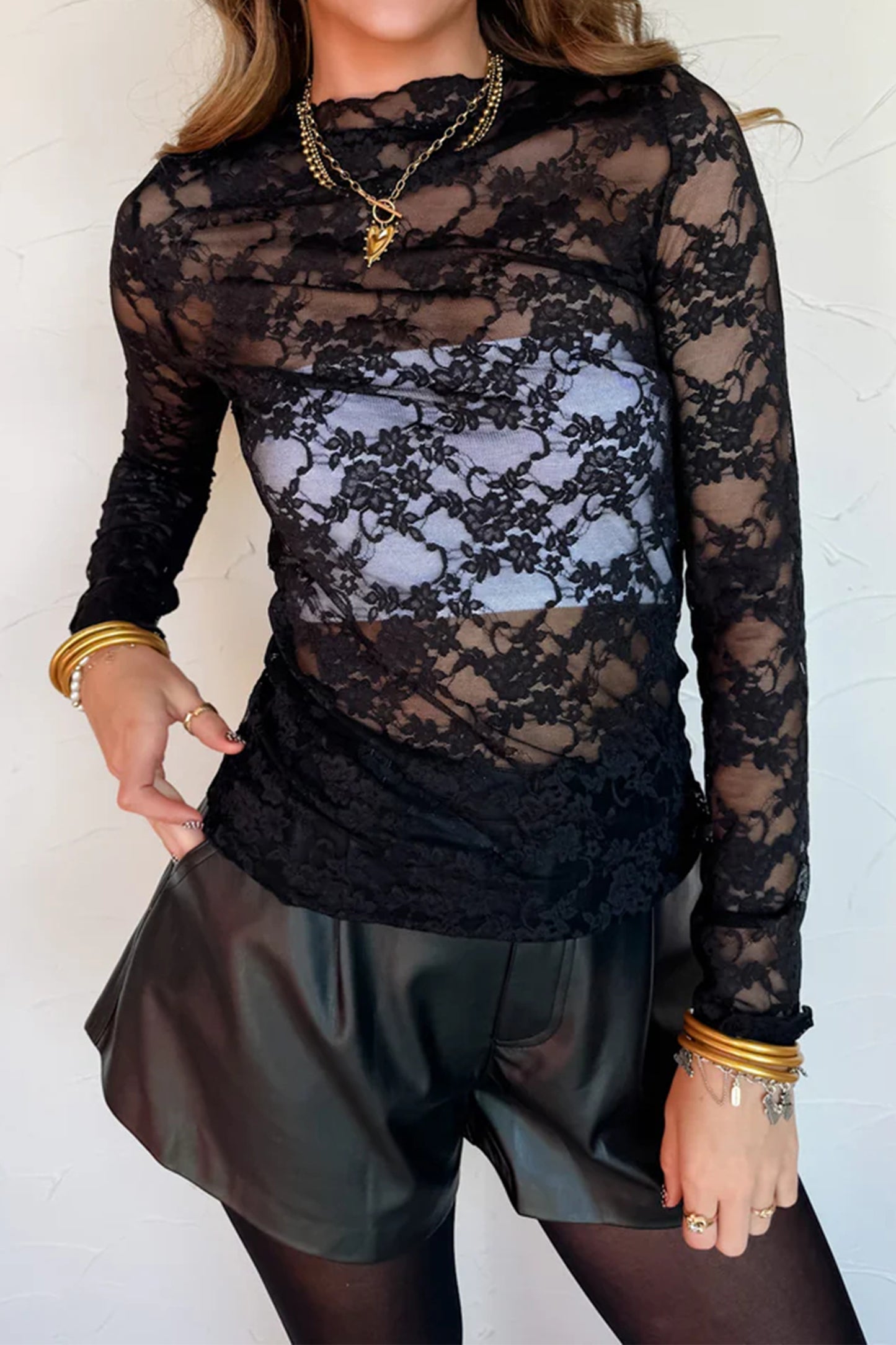Black Sheer Floral Lace Lettuce Trim Mock Neck Long Sleeve Top-Tops/Long Sleeve Tops-[Adult]-[Female]-2022 Online Blue Zone Planet
