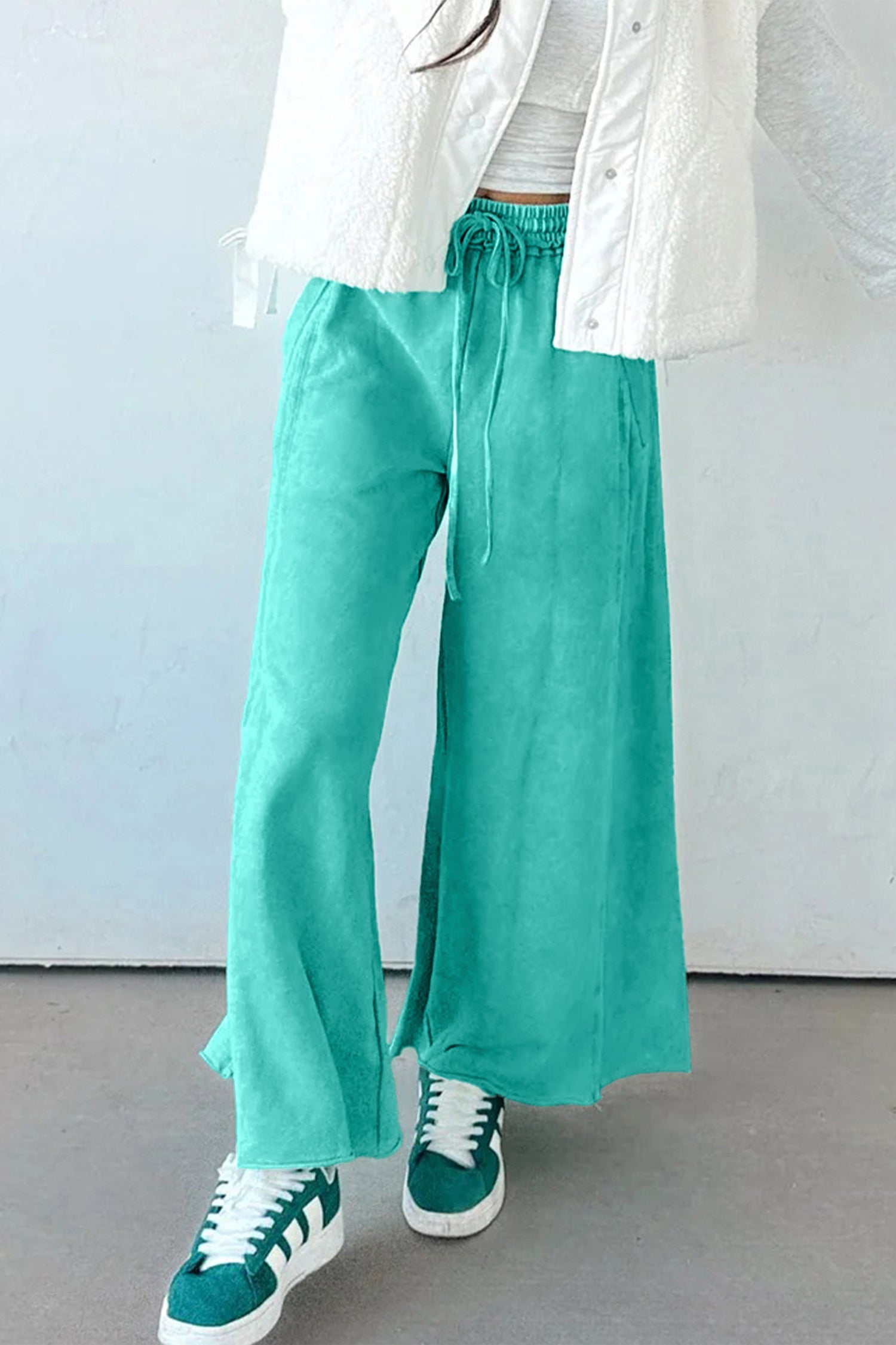 Sea Green Mineral Wash Drawstring Elastic Waist Raw Hem Loose Pants-Bottoms/Pants & Culotte-[Adult]-[Female]-2022 Online Blue Zone Planet