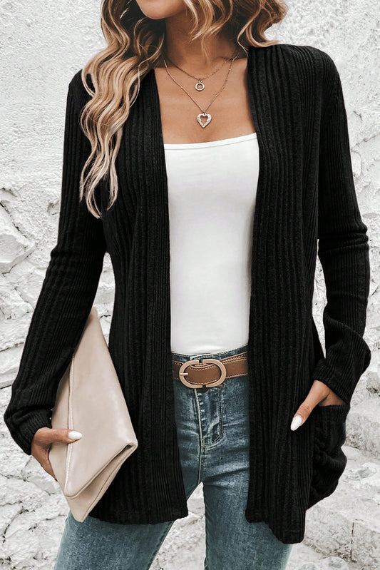 Black Ribbed Open Front Knitted Top with Pockets-Sweaters & Cardigans/Cardigans-[Adult]-[Female]-Black-S-2022 Online Blue Zone Planet