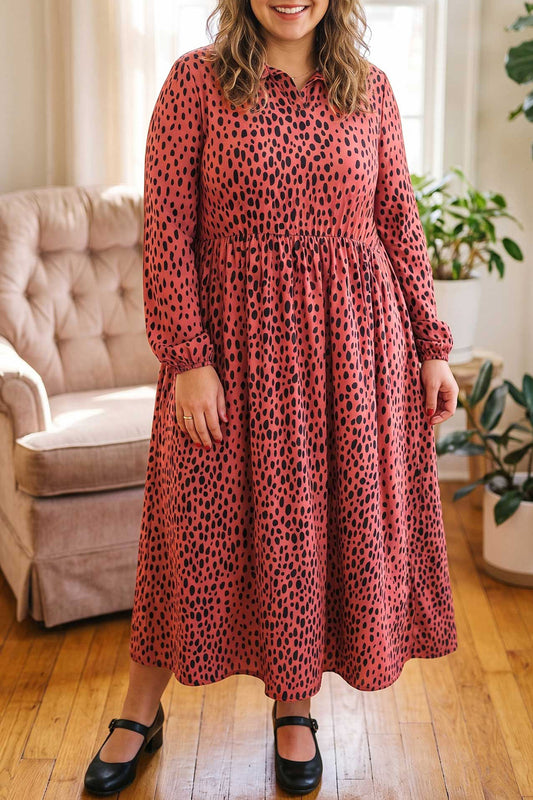 Red Leopard Print Long Sleeve V Neck Plus Size Midi Dress-TOPS / DRESSES-[Adult]-[Female]-Red-1X-2022 Online Blue Zone Planet