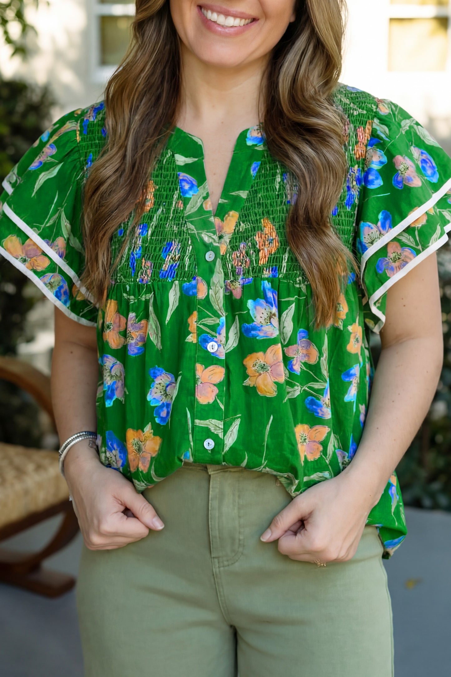 Green Plus Size Ruffled Short Sleeve Floral Top-Plus Size/Plus Size Tops/Plus Size Blouses & Shirts-[Adult]-[Female]-Green-1X-2022 Online Blue Zone Planet