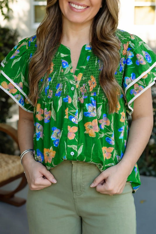 Green Plus Size Ruffled Short Sleeve Floral Top-Plus Size/Plus Size Tops/Plus Size Blouses & Shirts-[Adult]-[Female]-Green-1X-2022 Online Blue Zone Planet