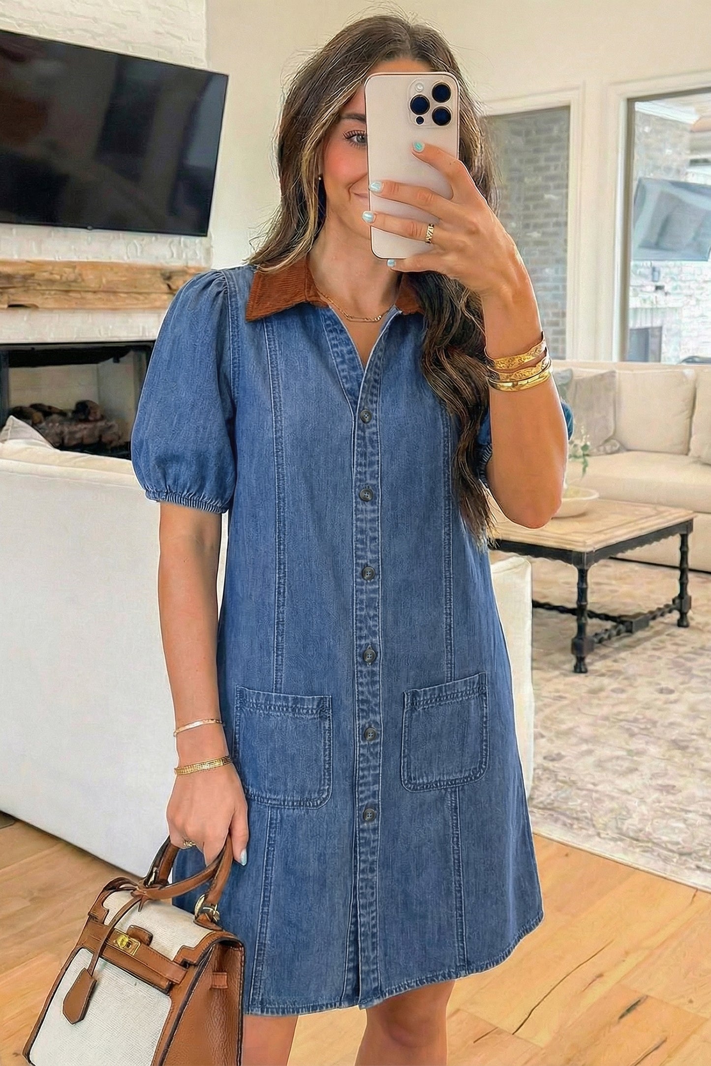 Blue Denim Short Puff Sleeve Color Block Shirt Collar Patchwork Mini Dress-Dresses/Mini Dresses-[Adult]-[Female]-2022 Online Blue Zone Planet