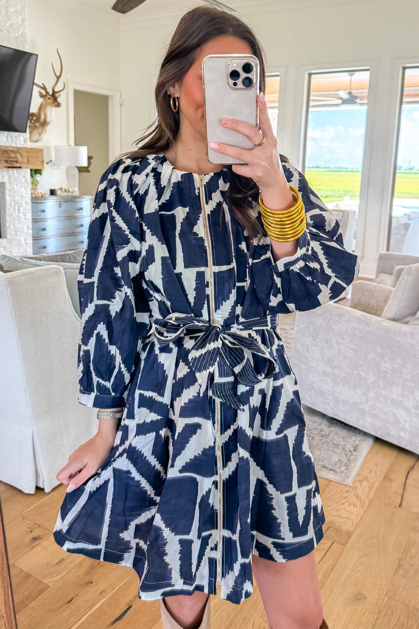 Blue Abstract Geometric Print Zip Front Tie Waist Shift Dress-TOPS / DRESSES-[Adult]-[Female]-2022 Online Blue Zone Planet